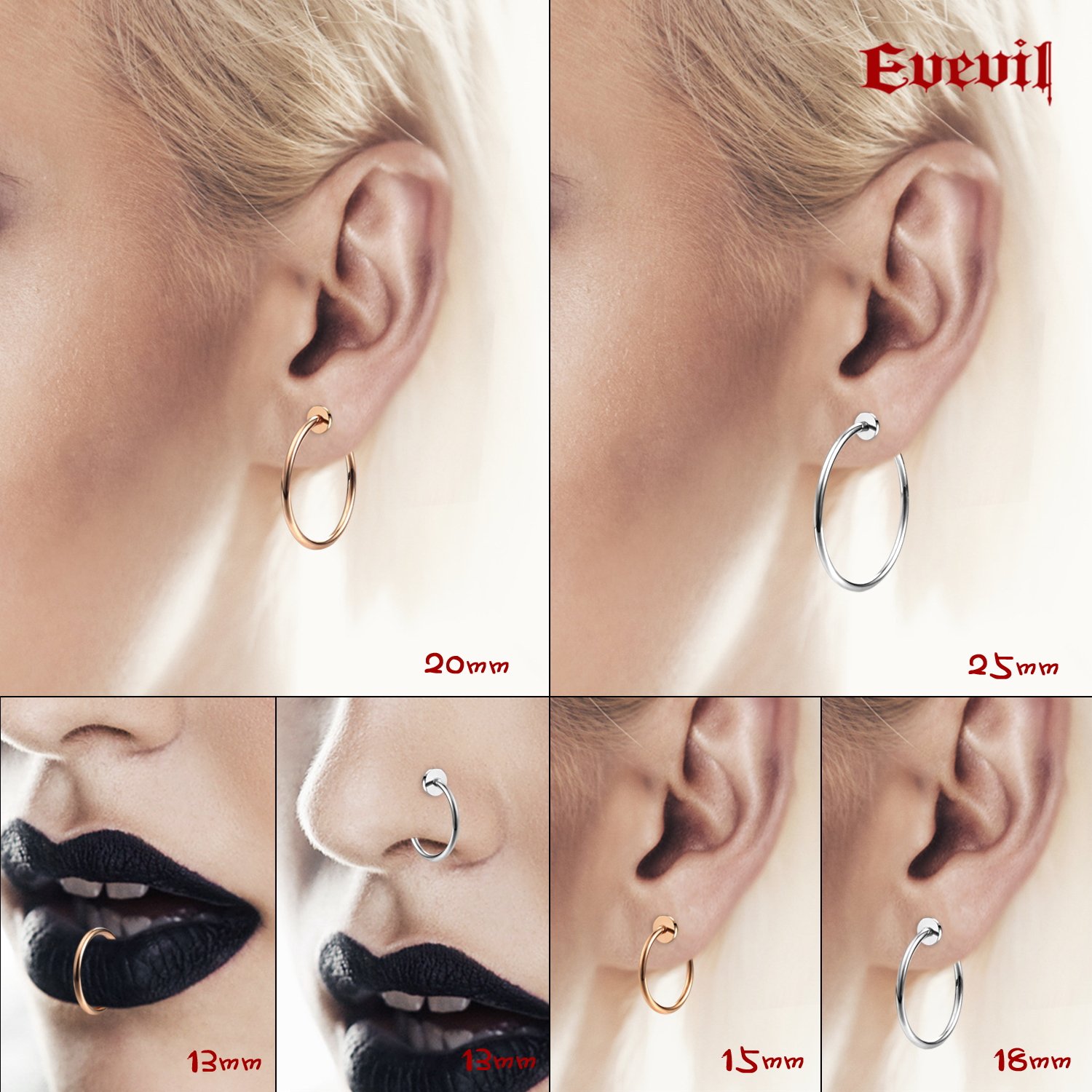 Non-Piercing Fake Nose Ring & Clip-On Hoop Earrings for Women & Men - 10 Pairs (13mm-25mm) in Black, Silver, Gold & Rose Gold - Faux Lip & Septum Rings, Spring Endless Hoops - Perfect for Costume Parties, Halloween, Cosplay & Everyday Fashion Accessories