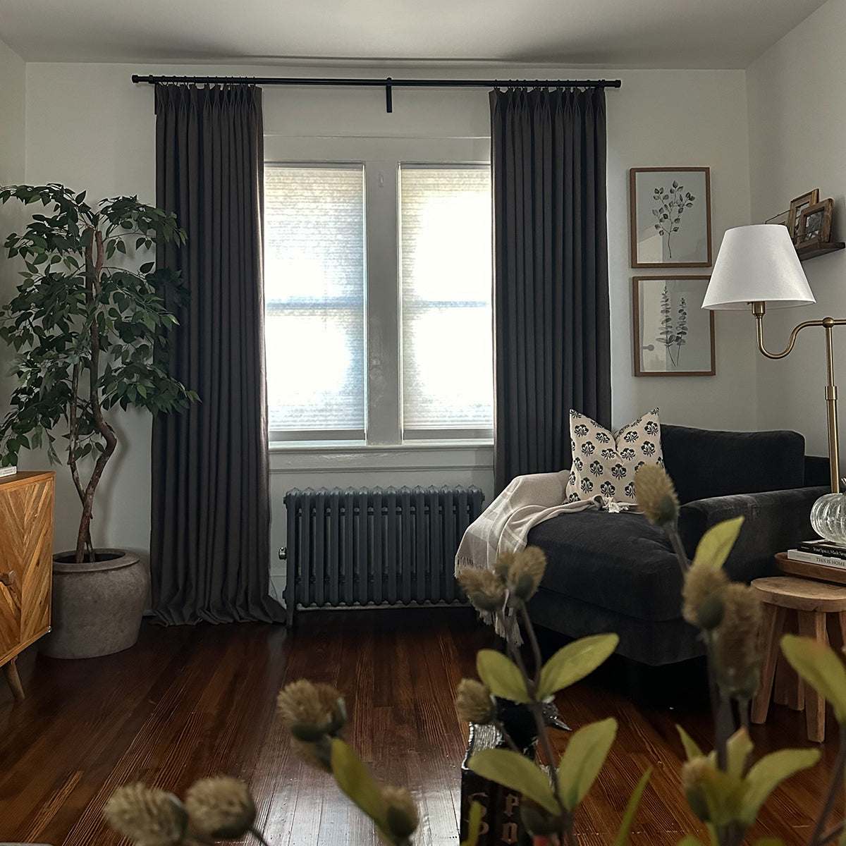 Pinch Pleated Blackout Curtains - Linen Memory Fabric, Natural Oak & Dim Grey - Modern Custom Drapes for Living Room & Bedroom - Light Blocking & Noise Reducing Window Treatments