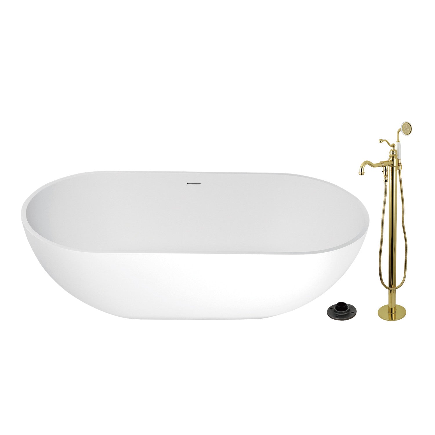 Arcticstone 70 Inch Freestanding Oval Bathtub with Faucet - Solid Surface Double Ended Soaking Tub - Polished Brass Drain - Perfect for Luxury Bathroom & Spa Relaxation