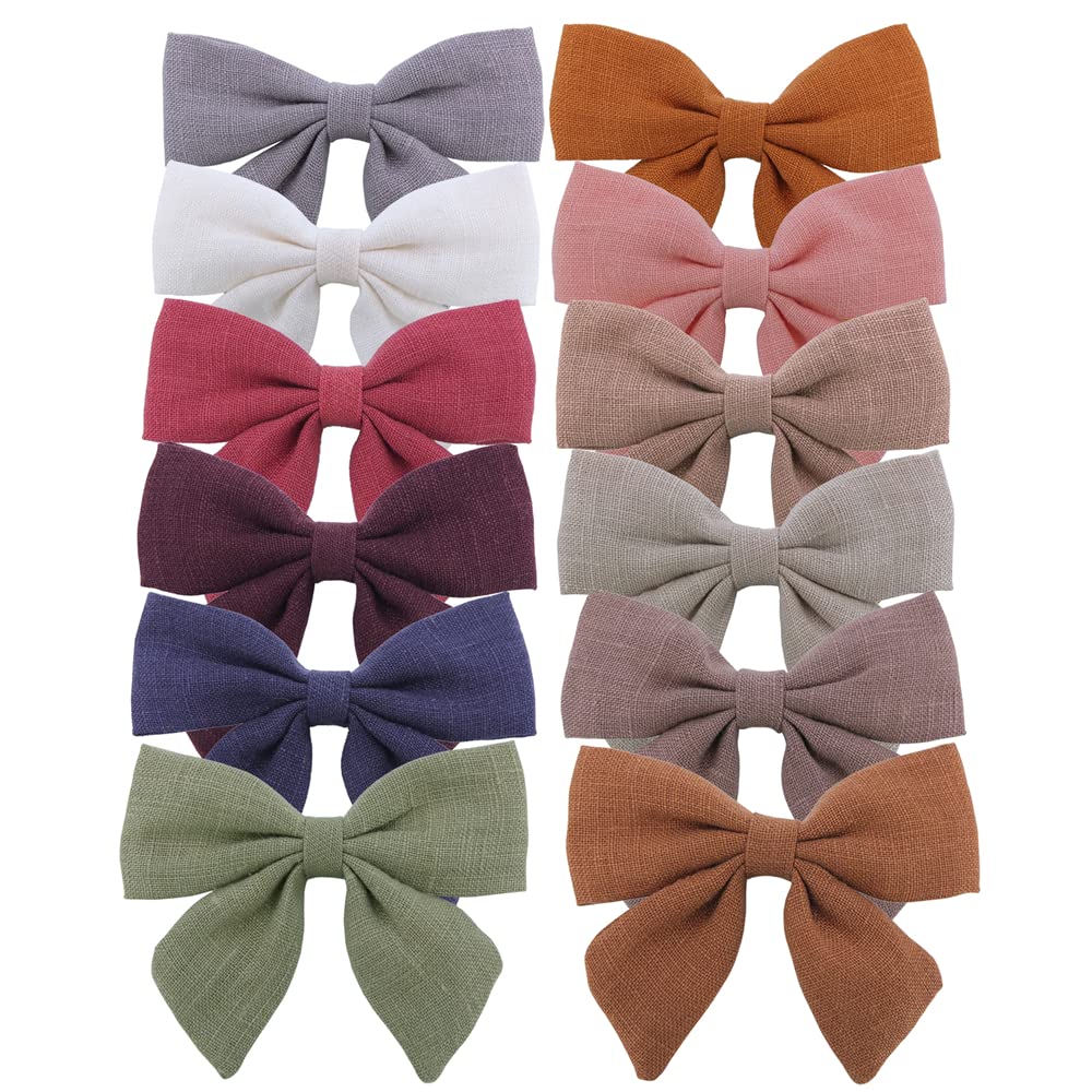 12 PCS Linen Bow Hair Clips for Baby Girls - Alligator Clips Hair Accessories for Infants & Toddlers - 3.2