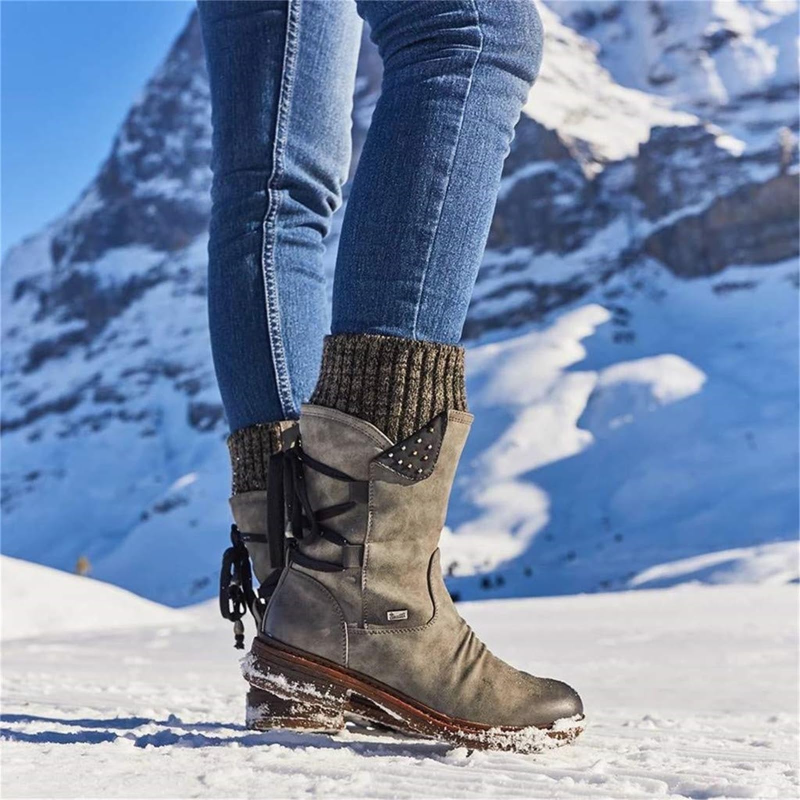 Heccie Women's Wide Calf Lace Up Boots with Built-in Socks - Black Lockable Ankle Boots for Winter Fashion & Outdoor Activities