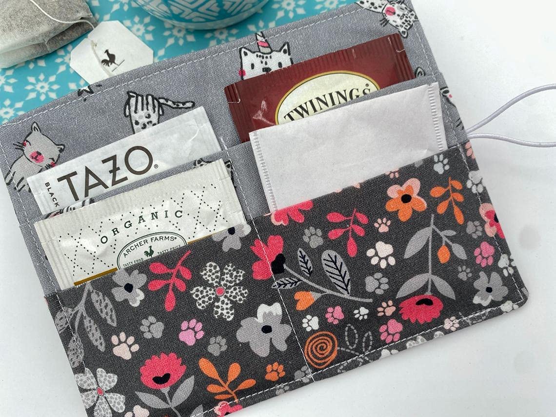 Floral Kitty Gray Tea Bag Organizer Wallet Case - Portable Storage for Tea Bags, Perfect for Travel, Office & Home Use