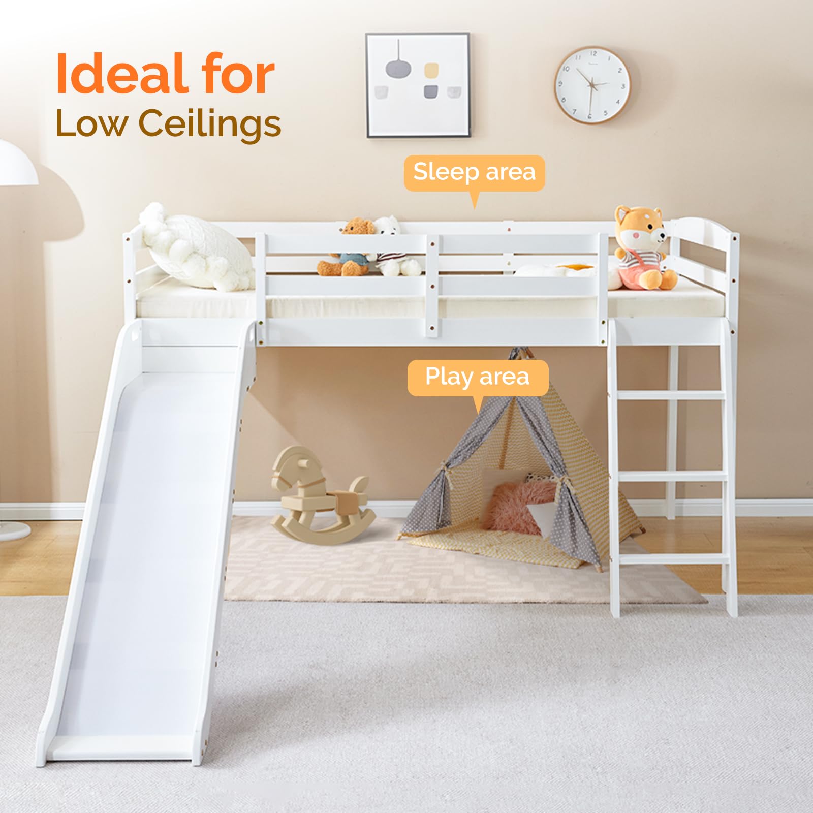JOYMOR Twin Size Low Loft Bed with Curved Slide & Ladder - Solid Pine Wood Frame, 14
