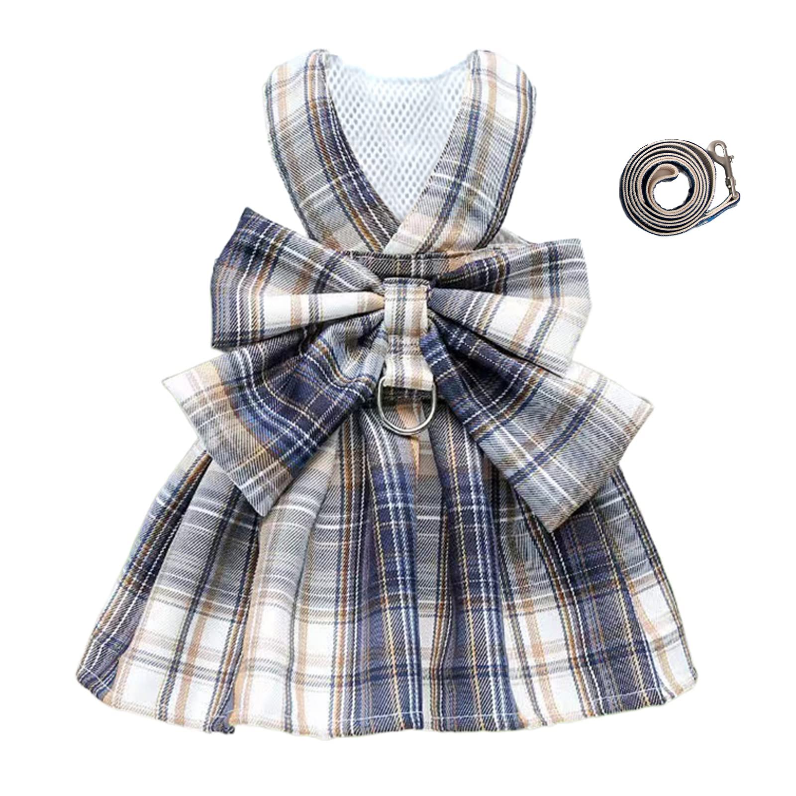 Tikwek Plaid Dog Dress with Bow Tie & Leash Set - Cute Pet Outfits for Small Dogs, Puppy Skirt with Harness & Leash Ring (Navy, XS) - Perfect for Parties, Photo Shoots & Daily Walks