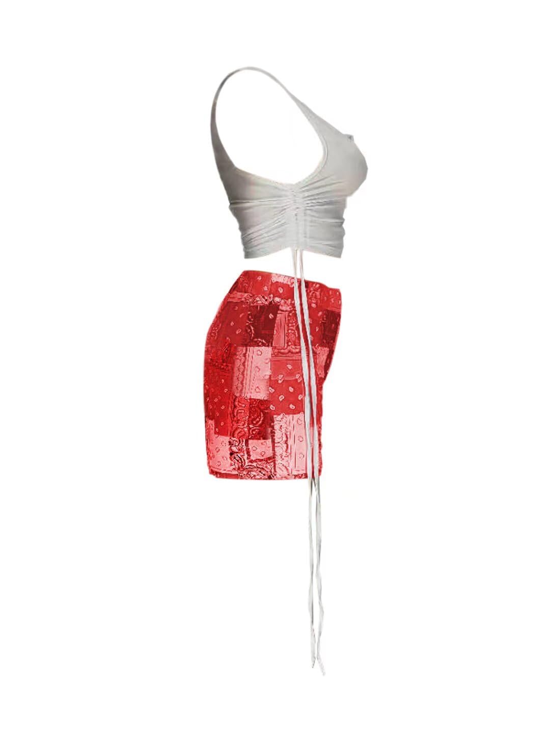 Women's Sexy Patchwork 2-Piece Outfit with Drawstring Crop Top & Printed Shorts Set | Clubwear, Streetwear & Summer Party Outfit