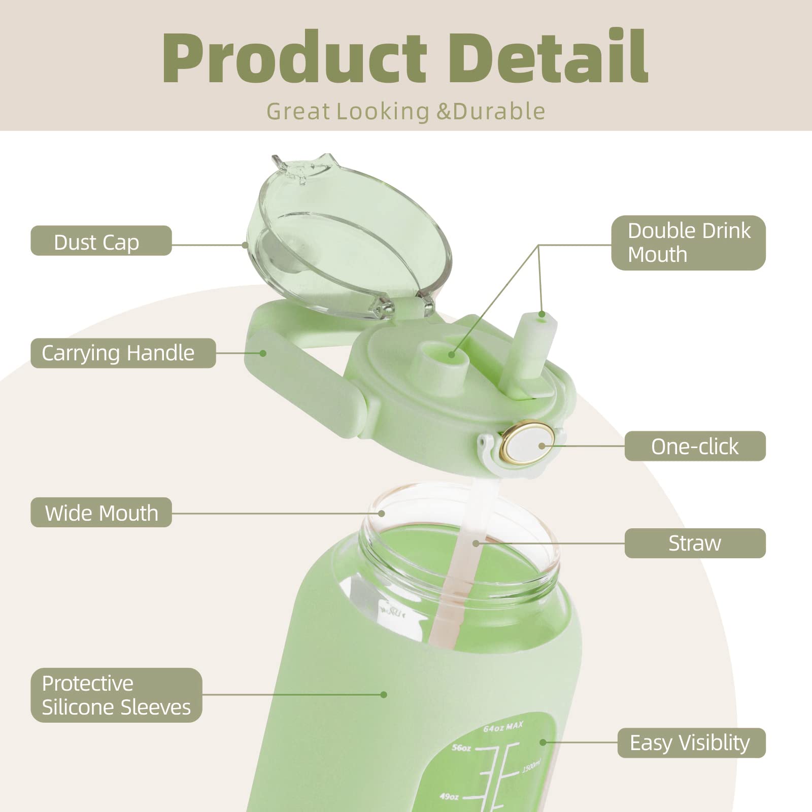 64oz Glass Water Bottle with Straw & Handle - Half Gallon Motivational Water Jug with Silicone Sleeve & Time Markers - Large Reusable Sports Bottle for Gym, Home, Workout & Outdoor Activities