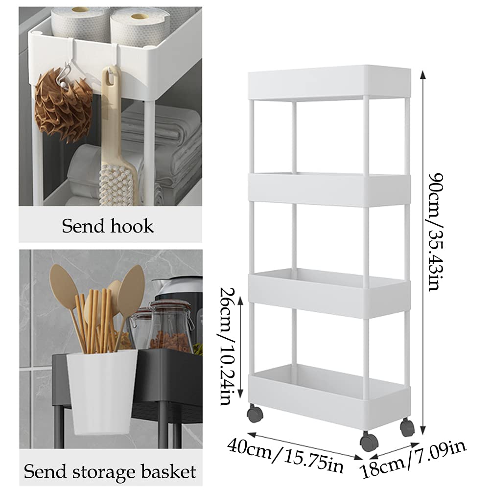 4-Tier Slim Rolling Storage Cart with Slide-Out Shelves & Casters - White Bathroom & Kitchen Organizer for Small Spaces - Perfect for Laundry Rooms, Closets & Narrow Areas