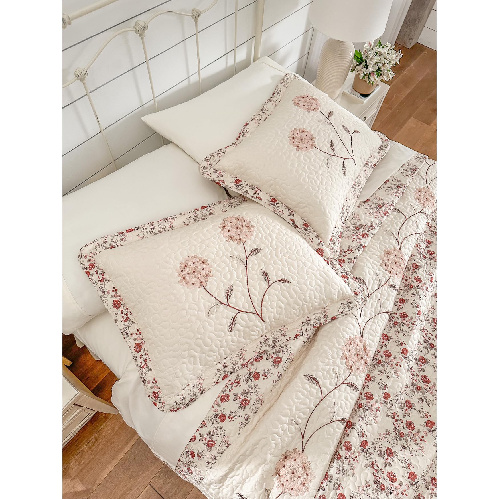 BrylaneHome Margaret Embroidered King Size Bedspread - Floral Rose Design for Luxury Bedroom Decor & Master Suite Styling