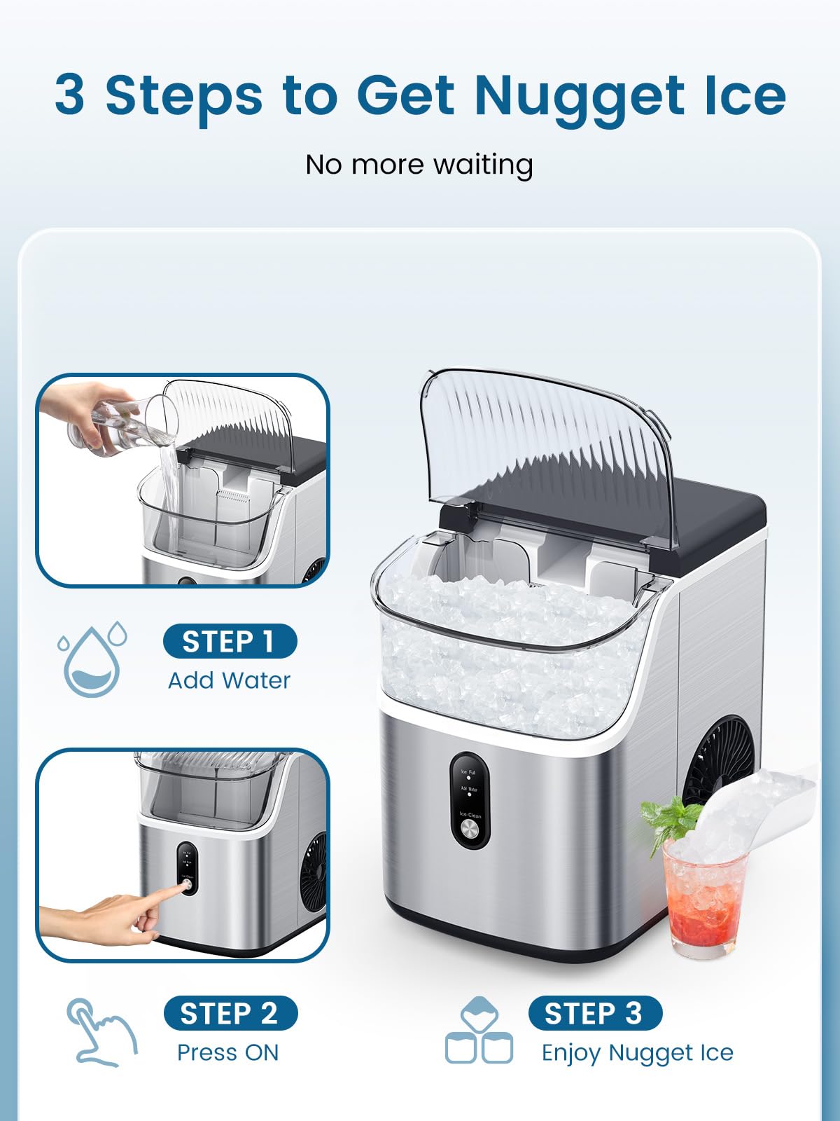 COWSAR Countertop Nugget Ice Maker Machine - 34Lbs/Day Soft Chewable Pebble Ice Maker with Self-Cleaning & One-Button Operation for Home, Kitchen, Office, Bar, Party - Perfect for Cocktails, Sodas, and Beverage Dispensing