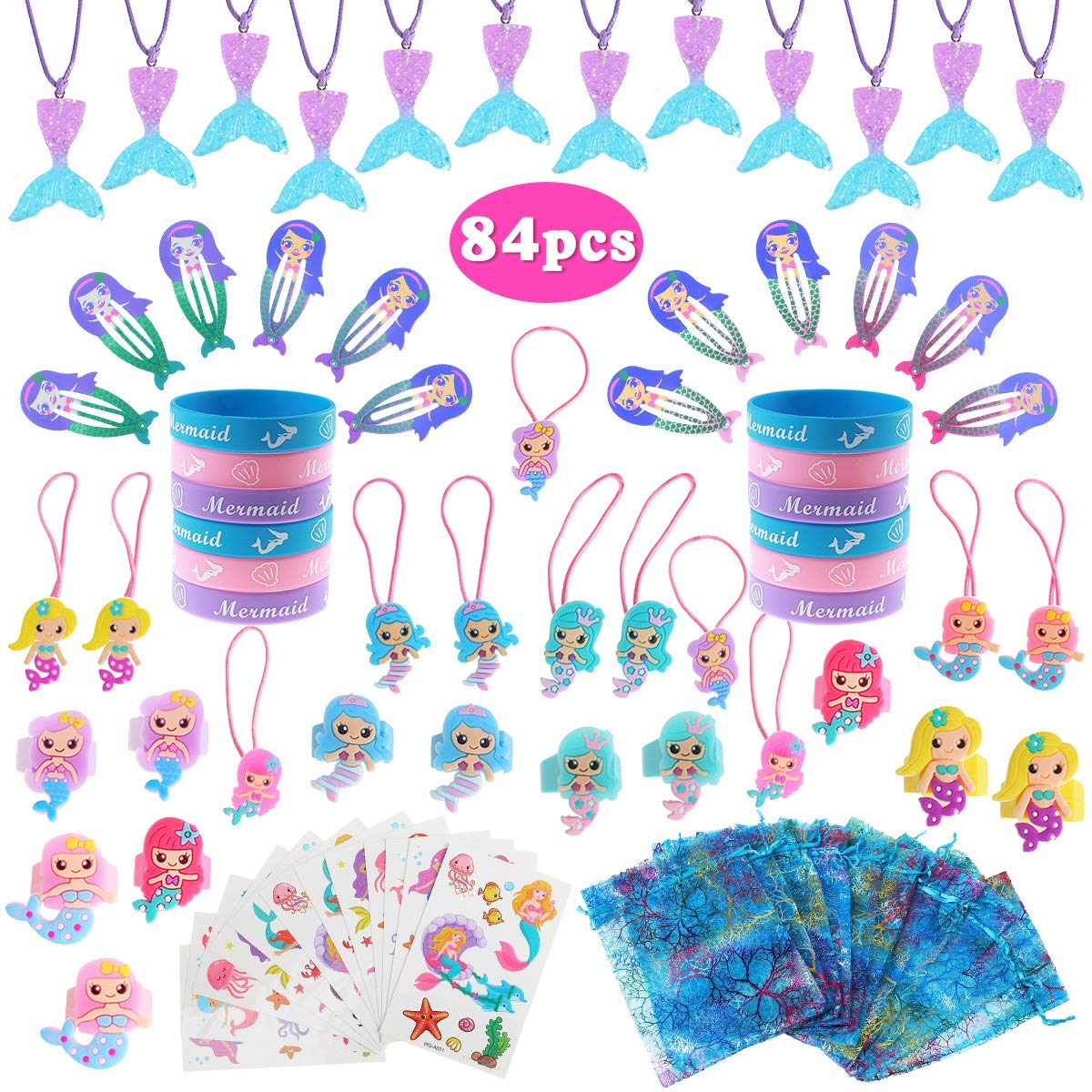 Mermaid Party Favors Set - 84Pcs Mermaid Tail Necklace, Bracelet, Ring, Hair Clip & Hair Tie Accessories Kit with Stickers & Gift Bags - Perfect Birthday Party Gifts for Girls & Kids - Great for Mermaid Themed Parties, Pool Parties & Birthday Celebrations