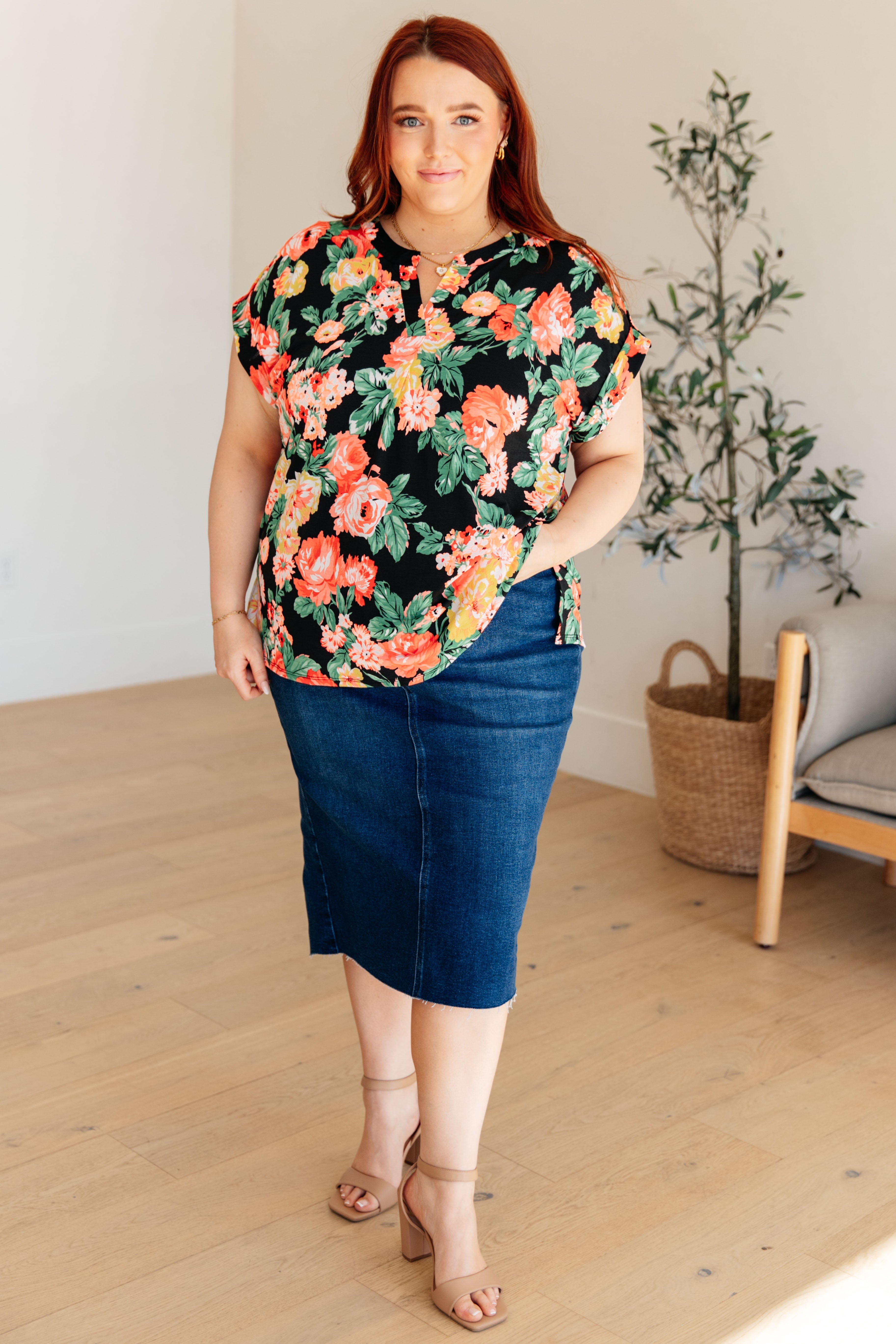 Lizzy Cap Sleeve Top - Black Garden Floral Print Women's Blouse | Perfect for Spring Outfits, Date Nights & Office Wear