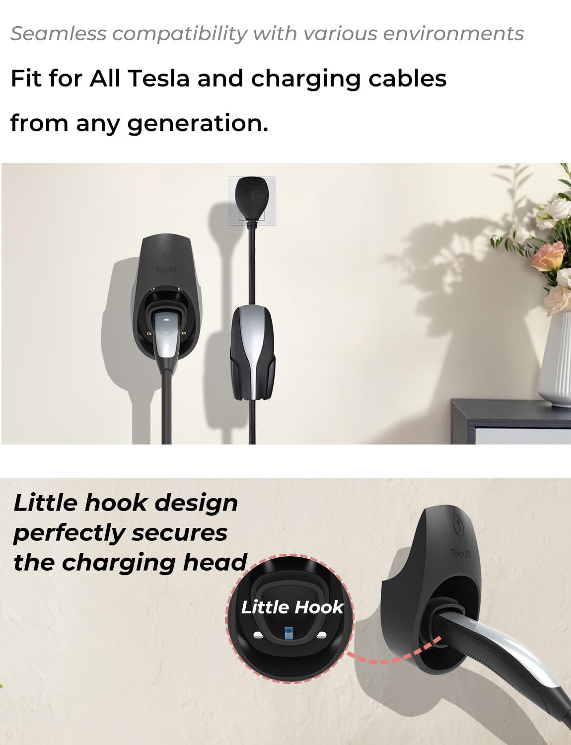 Tesla Charger Holder & Cable Organizer with Wall Mount Bracket - Compatible with Model 3/Y/S/X - Durable Charging Accessory for Home & Garage Use