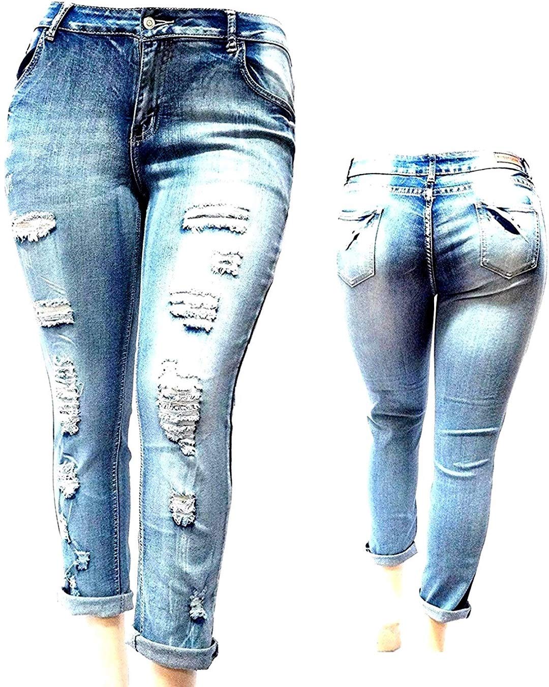Jack David 1826 Women's Plus Size Stretch Ripped Skinny Jeans - High Waist Distressed Denim Pants for Casual Wear & Everyday Outfits