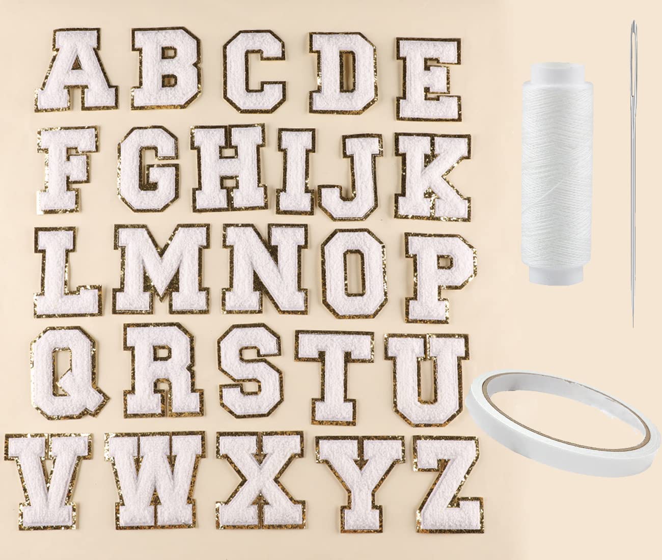 Iron On Letter Patches - 26 Pieces White Alphabet A-Z Iron On Repair Patches, Varsity Chenille Letter Patches for Team Costume Decoration, Sew On Patches for Shoes, Hats, Bags & Clothing (White A-Z) - Perfect for DIY Crafts, Customizing Jackets, Backpacks, and School Spirit Wear