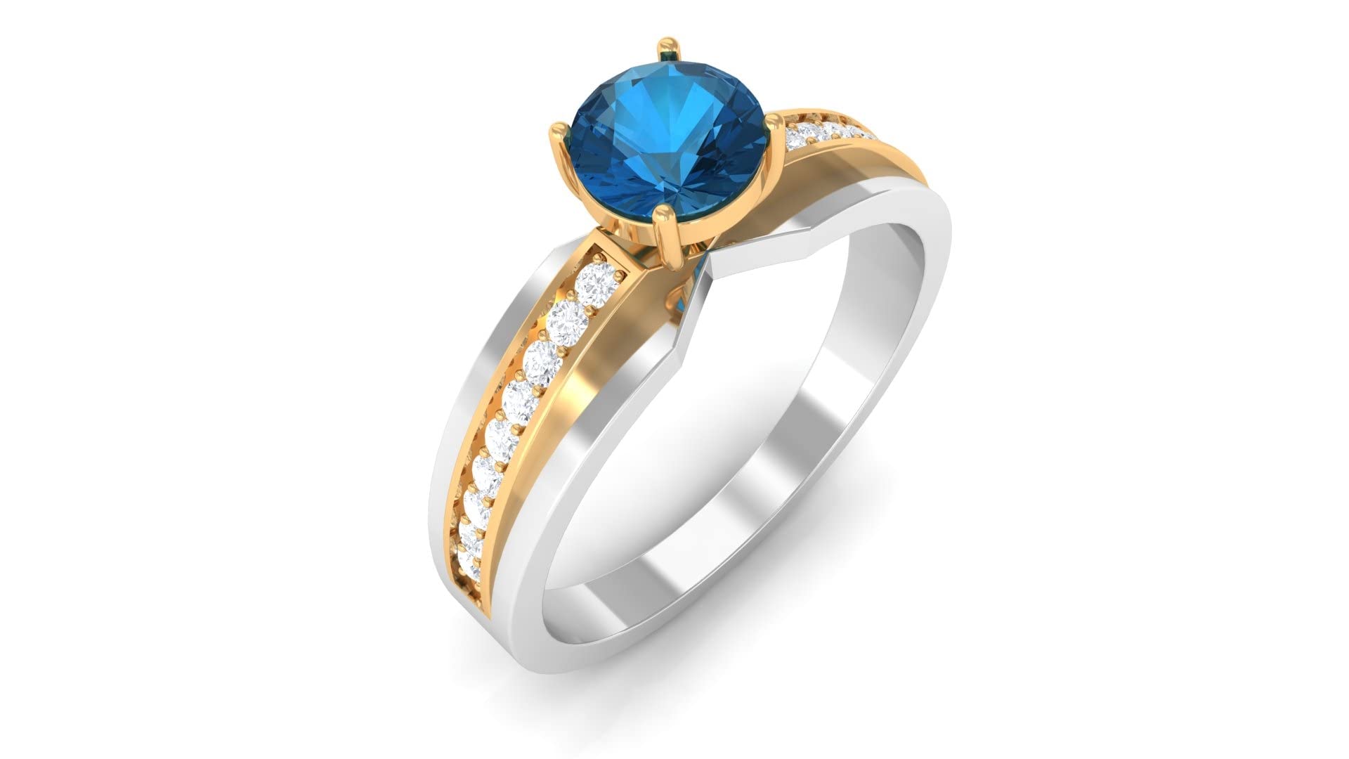 3/4 Carat London Blue Topaz & Diamond Solitaire Ring in 14K Two-Tone Gold (AAA Quality) – Elegant Engagement, Wedding, or Anniversary Jewelry Gift for Her