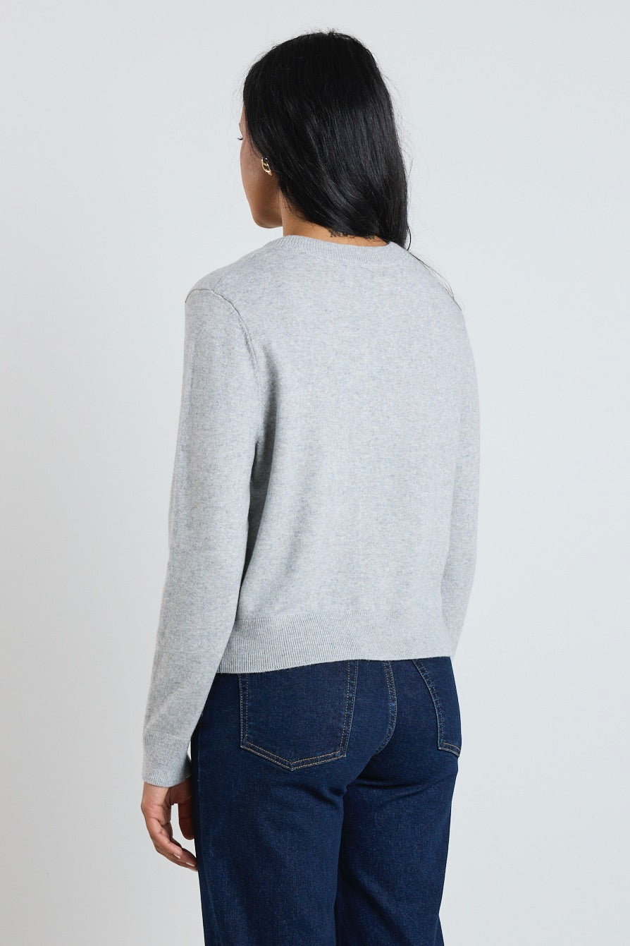 Light Grey Marle Cashmere Blend Crewneck Cardigan - Soft & Warm Signature Knitwear for Women | Perfect for Office, Date Night & Cozy Evenings