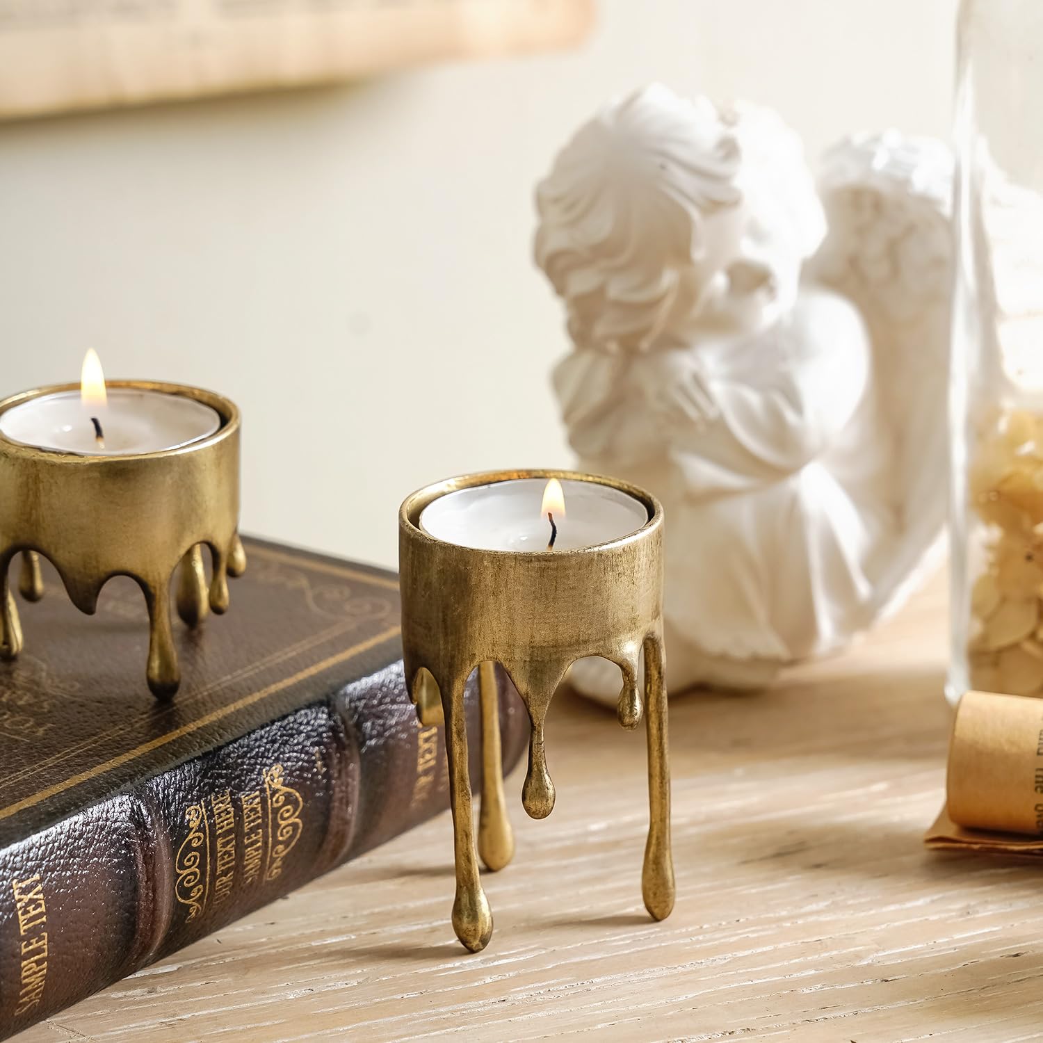 NIKKY HOME Gold Metal Tealight Candle Holders Set of 2 - Elegant Dripping Melting Design Legs for Table Centerpiece Decor | Perfect for Wedding, Dinner Party, Romantic Home Decor & Holiday Candle Displays