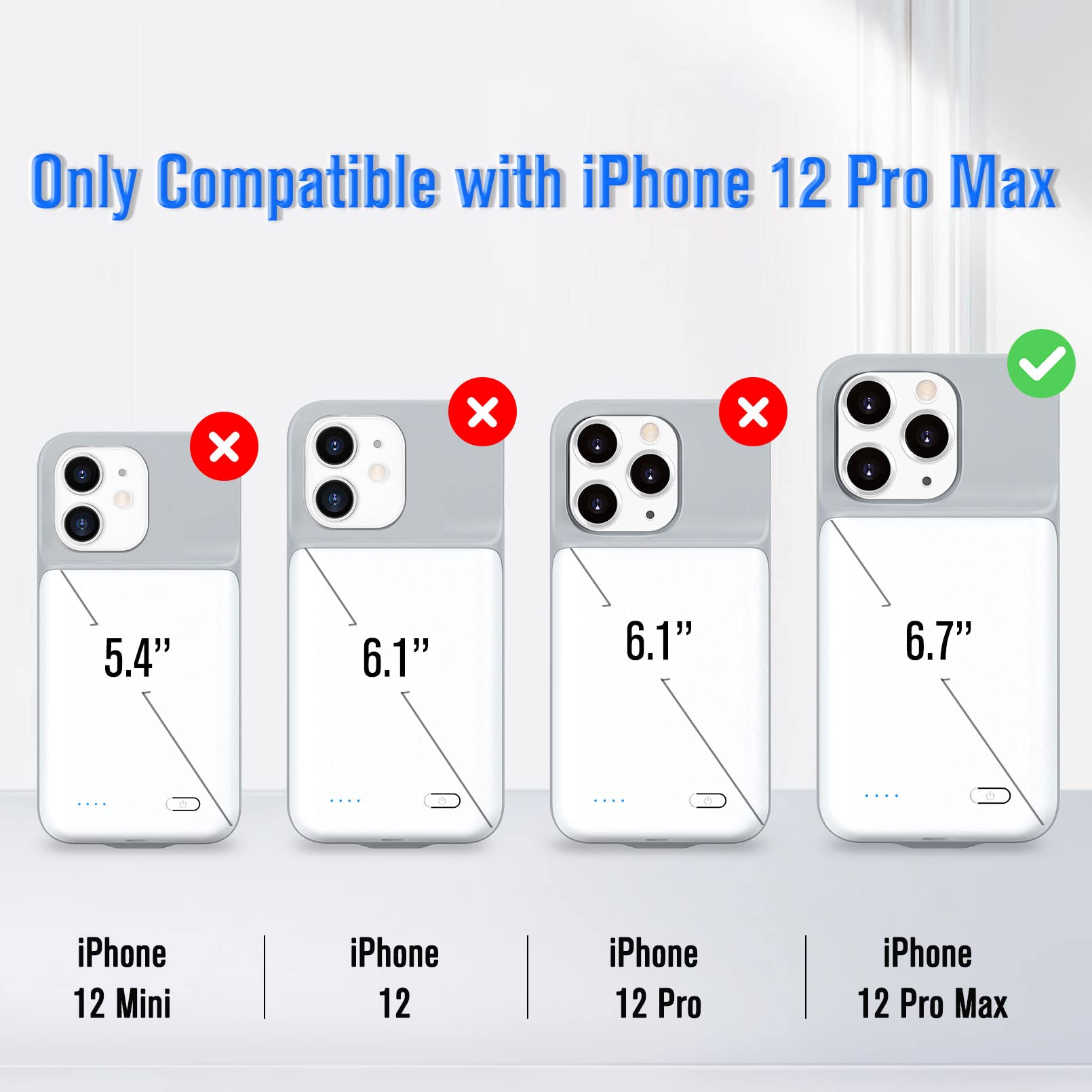 Gladgogo 7000mAh Ultra Slim Rechargeable Battery Case for iPhone 12 Pro Max (6.7 inch) - Lightweight Extended Battery Pack & Protective Charger Cover - Perfect for Travel, Work & Outdoor Activities - White
