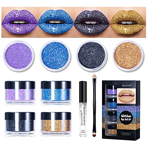 FREEORR 4 Colors Glitter Lip Kit - Diamond & Metallic Lipstick Set, Waterproof Long Lasting Smudge Proof Lip Makeup with Transparent Primer (Cool Tones) | Perfect for Parties, Halloween, Cosplay & Night Out Makeup Looks
