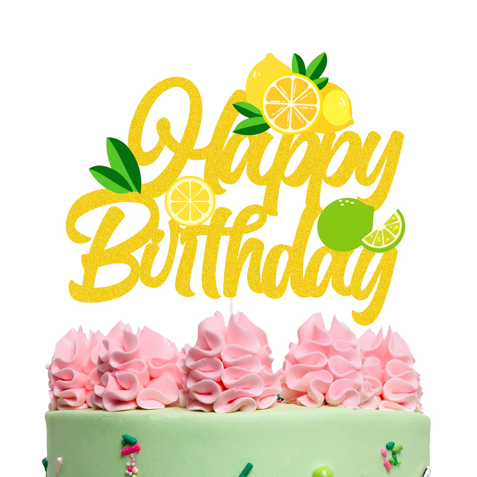 Gold Lemon Cake Topper - Happy Birthday Sign for Lemon Theme Cakes, Smash Cake Decor & Fruit Lemon Cake Picks | Perfect for Birthday Parties, Baby Showers & Dessert Table Decorations
