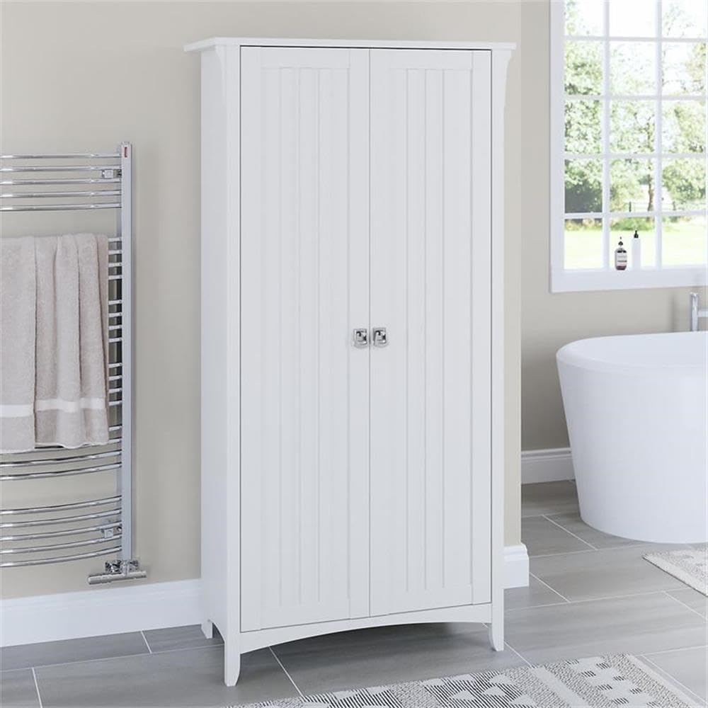 Pemberly Row White Transitional Bathroom Storage Cabinet with Doors - Perfect for Bathroom Organization, Linen Closet & Small Space Storage