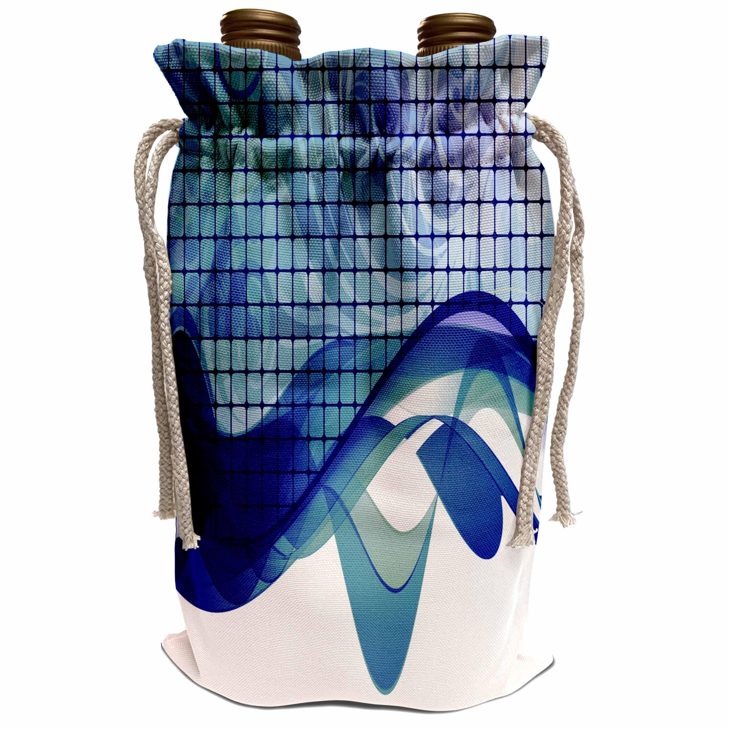 3D Rose Wine Bag - Modern Blue and White Abstract Digital Design with Squares & Streamers | Perfect for Wine Lovers, Gift Giving & Party Favors