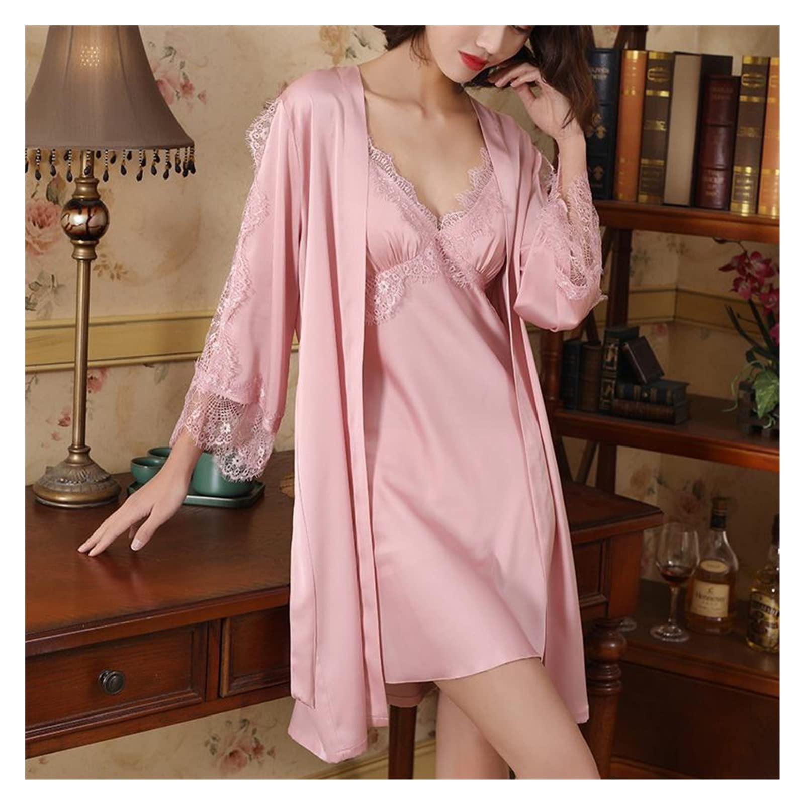 Elegant Satin Twinset Robe Set - Women's Lace Kimono Bathrobe & Nightgown - Sexy Lingerie Lounge Wear Sleepwear for Home, Spa & Bridal Shower (Color: A, Size: XL)