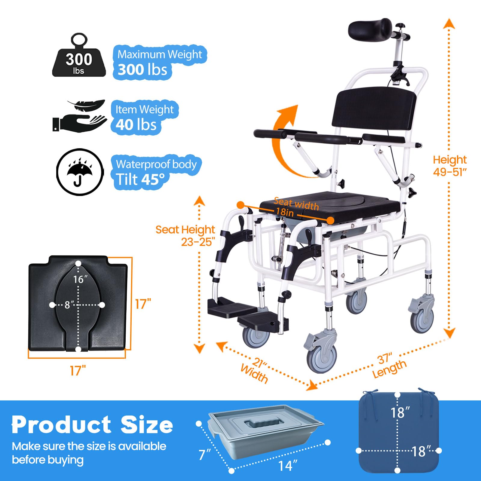 Adjustable Reclining Shower Chair with Soft Cushion & Wheels - 45° Tilt Shower Wheelchair with Commode - Elderly & Disabled Bath Safety - Ideal for Seniors, Post-Surgery Recovery & Home Care Use