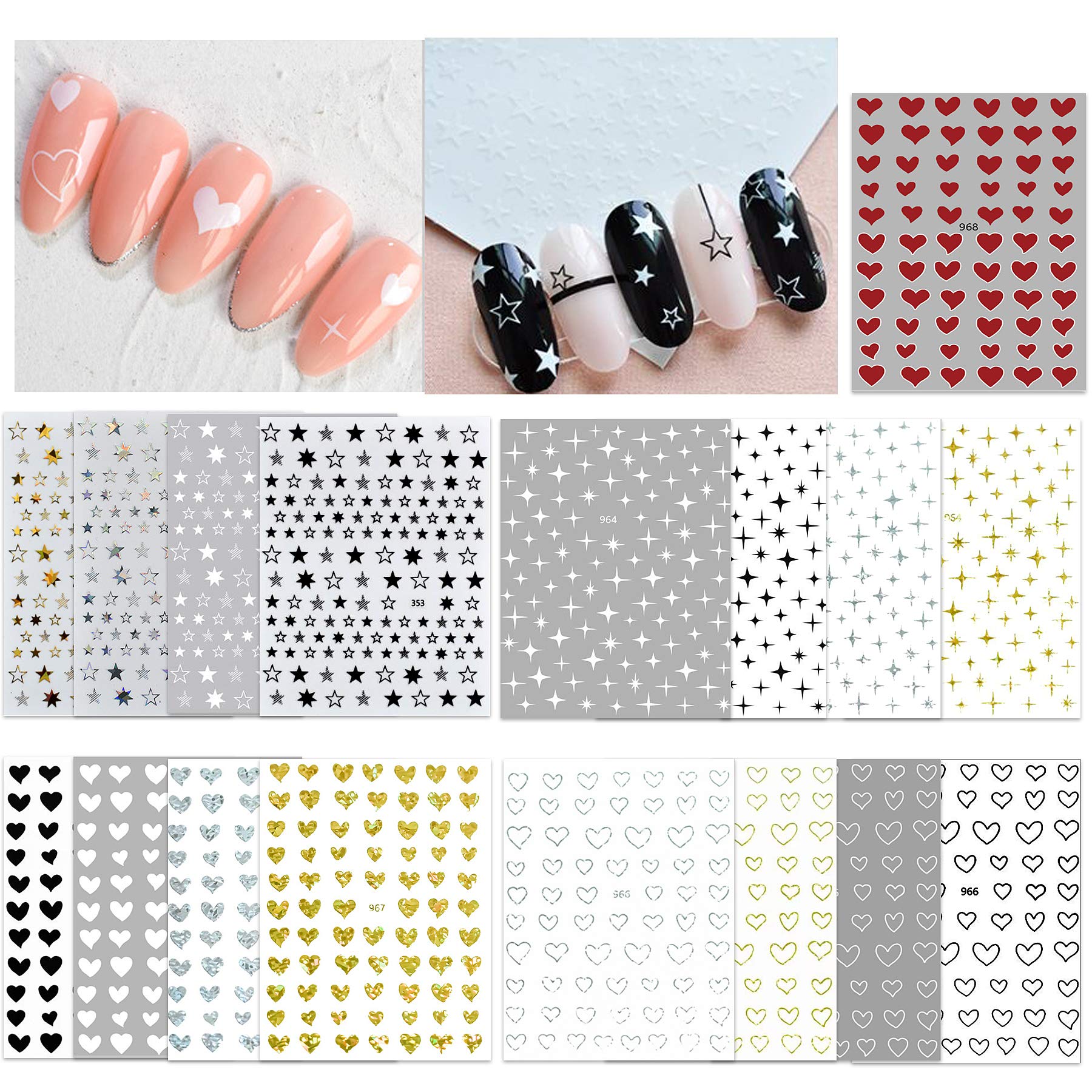 17 Large Self-Adhesive Nail Stickers - Hearts & Stars Nail Decals for Women, Girls & Kids | Perfect for Natural & Acrylic Nails | DIY Nail Art Design & Decoration | Great for Parties, Salons & Home Manicures