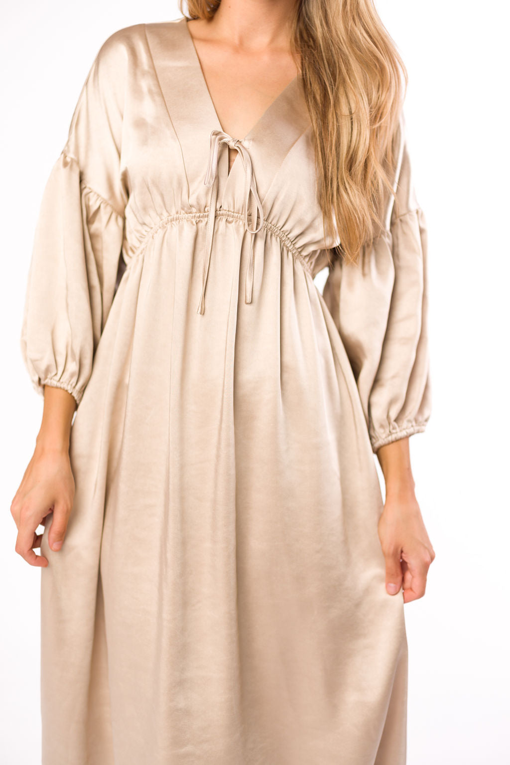 Hunter Premium Satin Midi Dress in Champagne - Bump Friendly Maternity Dress for Special Occasions & Pregnancy Photoshoots