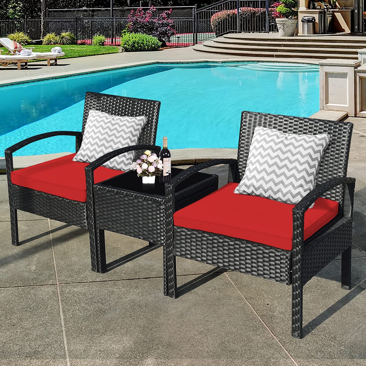 Tangkula 3-Piece Outdoor Patio Conversation Set - Wicker Rattan Sofa with Cushions & Coffee Table - Garden, Balcony, Backyard, Poolside Furniture (Red) - Perfect for Relaxing, Entertaining & Outdoor Lounging