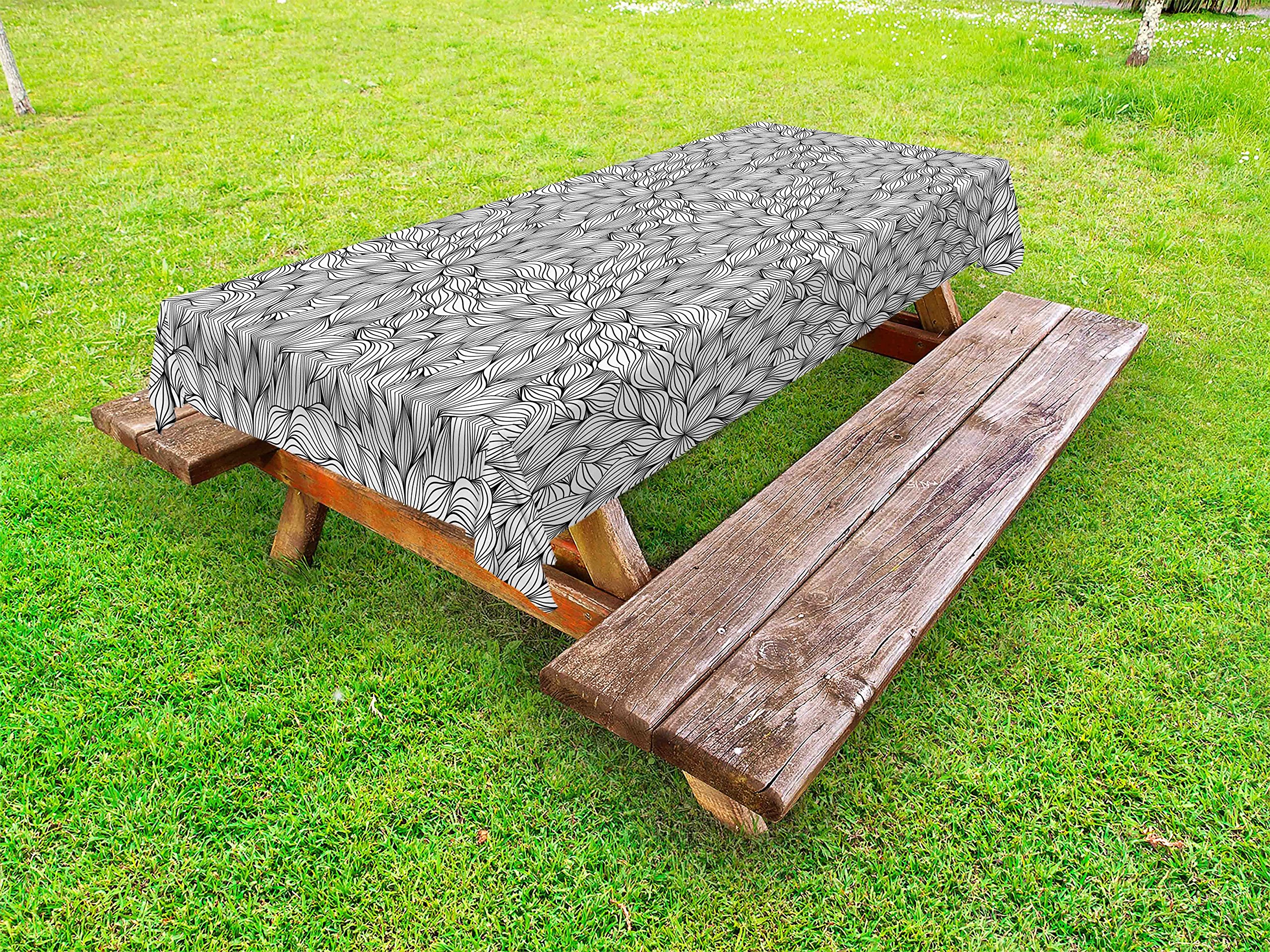Ambesonne Black and White Outdoor Tablecloth - Line Art Foliage Pattern with Striped Leaves & Petals | Washable Picnic Table Cover 58x84 Inches | Perfect for Garden Parties, BBQs, and Outdoor Dining Decor