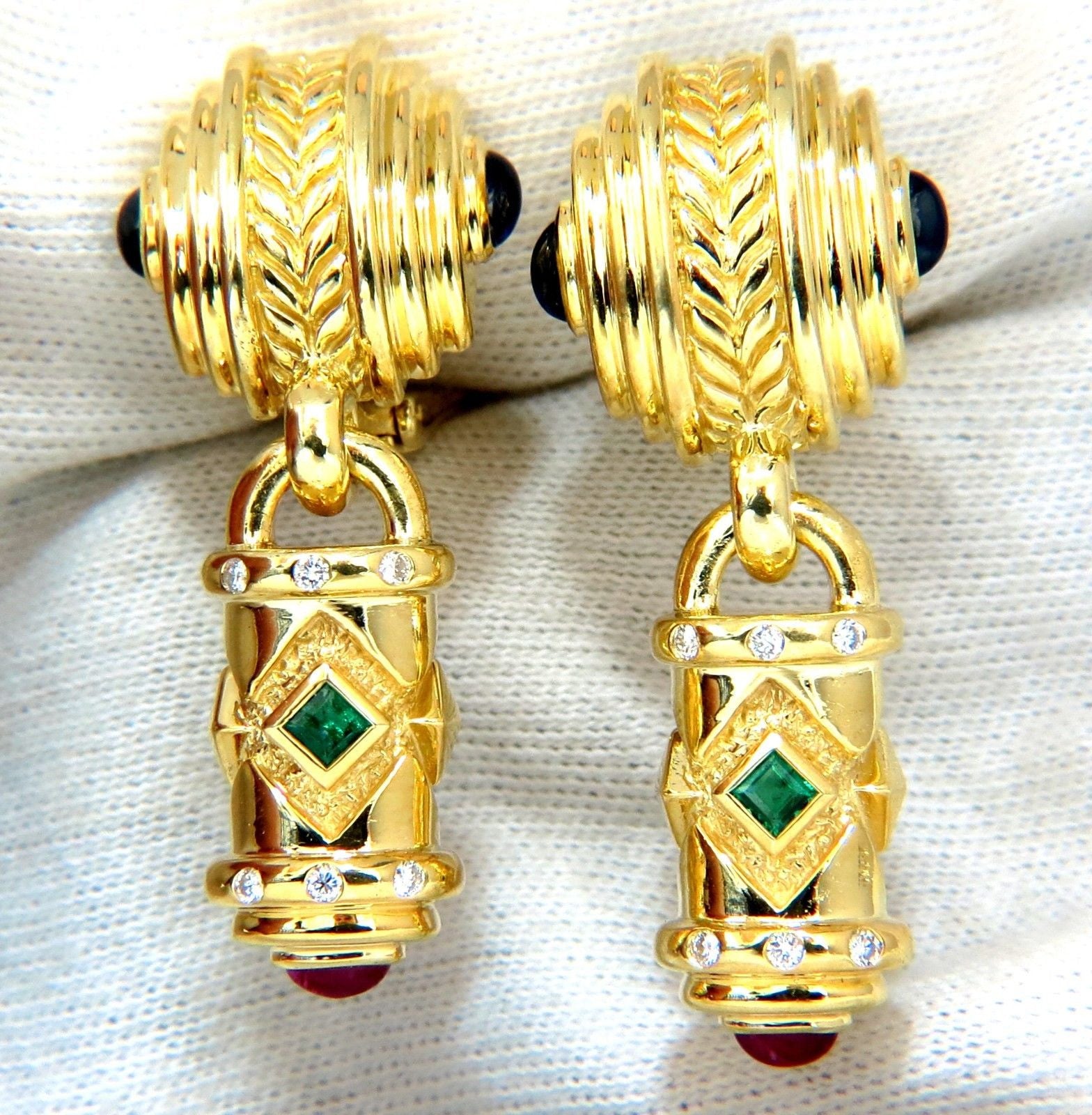 1.10ct Natural Emerald Ruby Sapphire Byzantine 18K Gold Dangle Earrings for Women – Elegant Jewelry Gift for Brides, Parties & Special Occasions