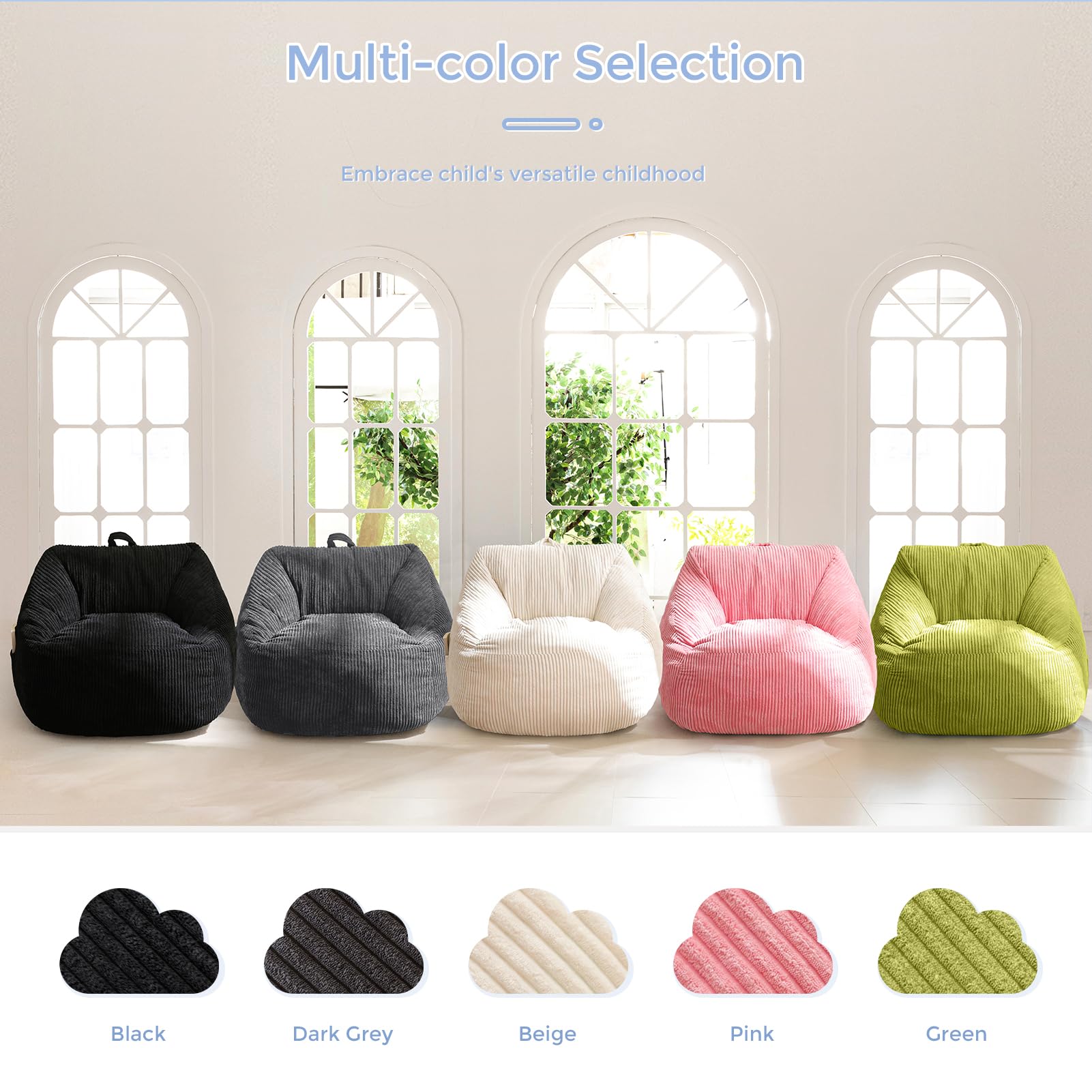 MAXYOYO Kids Bean Bag Chair - Soft Corduroy Bean Bag Couch with Handle & Storage Pocket for Gaming, Reading & Relaxing - Perfect for Bedroom, Playroom & Dorm Room - Black