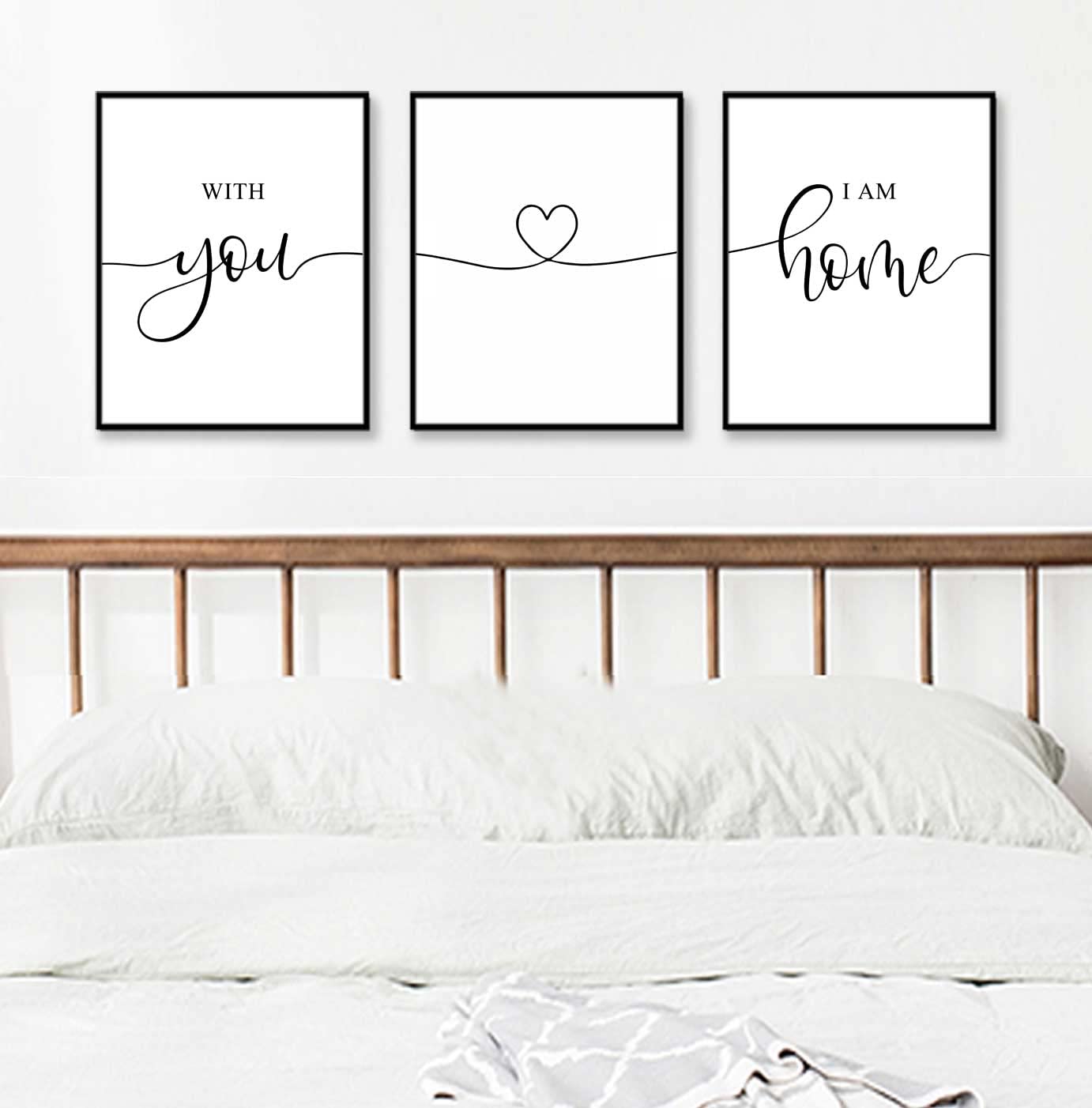 Minimalist Home Decor Wall Art Set of 3 - 'With You I Am Home' Bedroom Quotes, Couples Gift, 11x14 Inch UNFRAMED - Perfect for Bedroom, Living Room & Housewarming Gifts