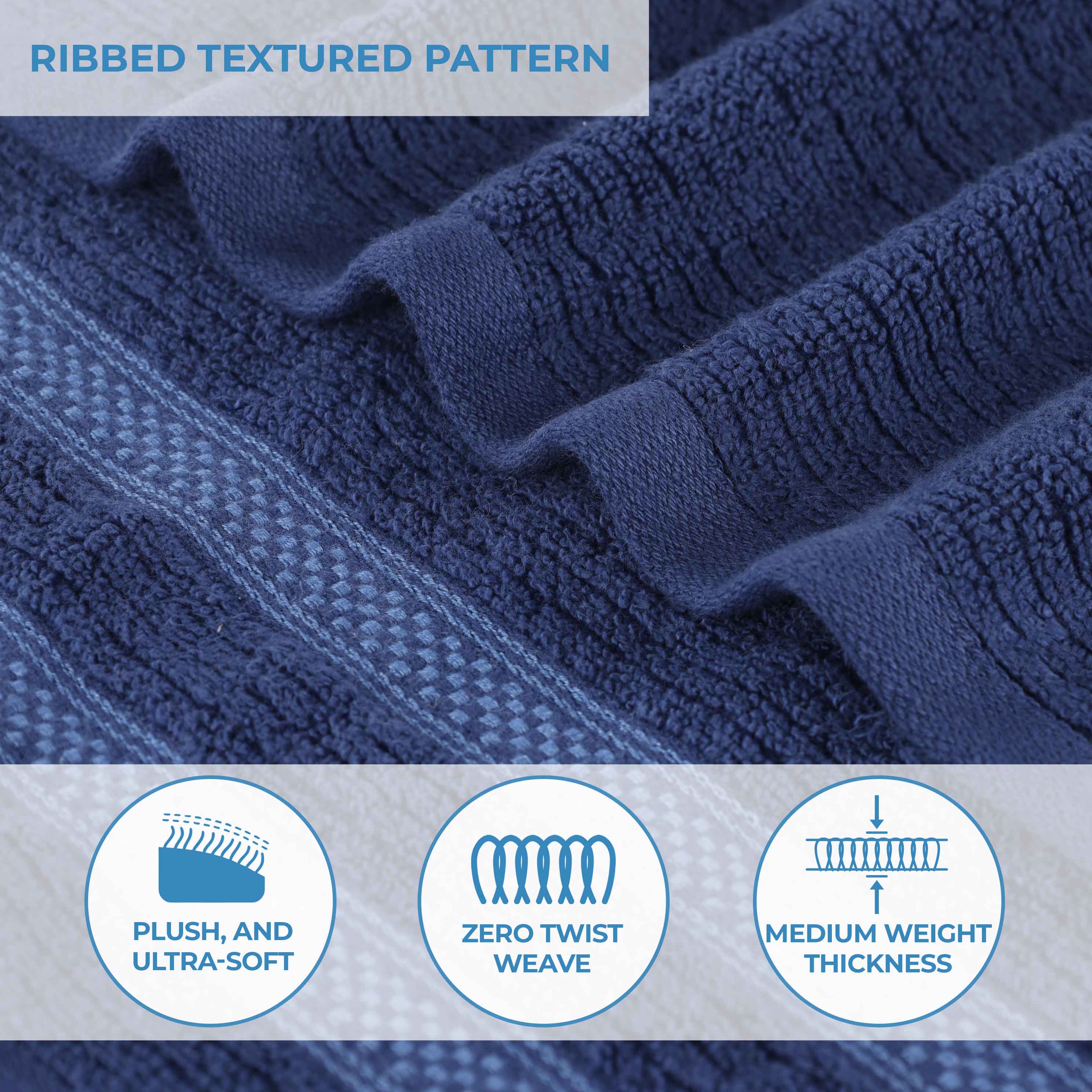 12-Pack Zero Twist Cotton Ribbed Geometric Border Plush Face Towels | Ultra Soft Bath & Hand Towels for Spa, Gym, Travel & Home Use