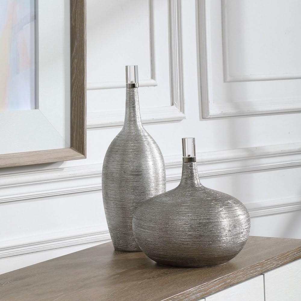 Uttermost Gatsby Silver Leaf Decorative Bottles Set of 2 - Elegant Home Decor for Living Room, Dining Table & Shelf Display