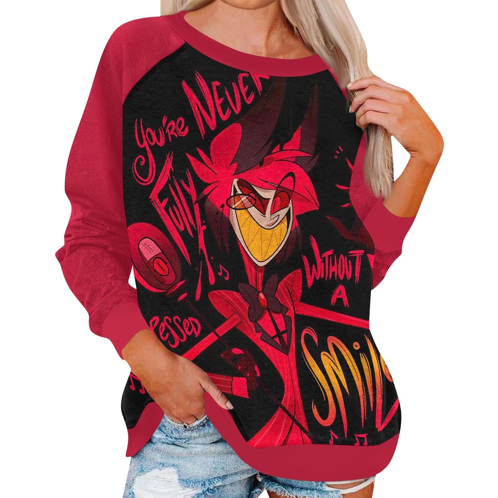 Hazbin Hotel Merch Long Sleeve Sweatshirt - Women's Anime Pullover Cosplay Top (Hell Inn) | Casual Wear, Gift for Fans, Halloween Costume, Convention Outfit