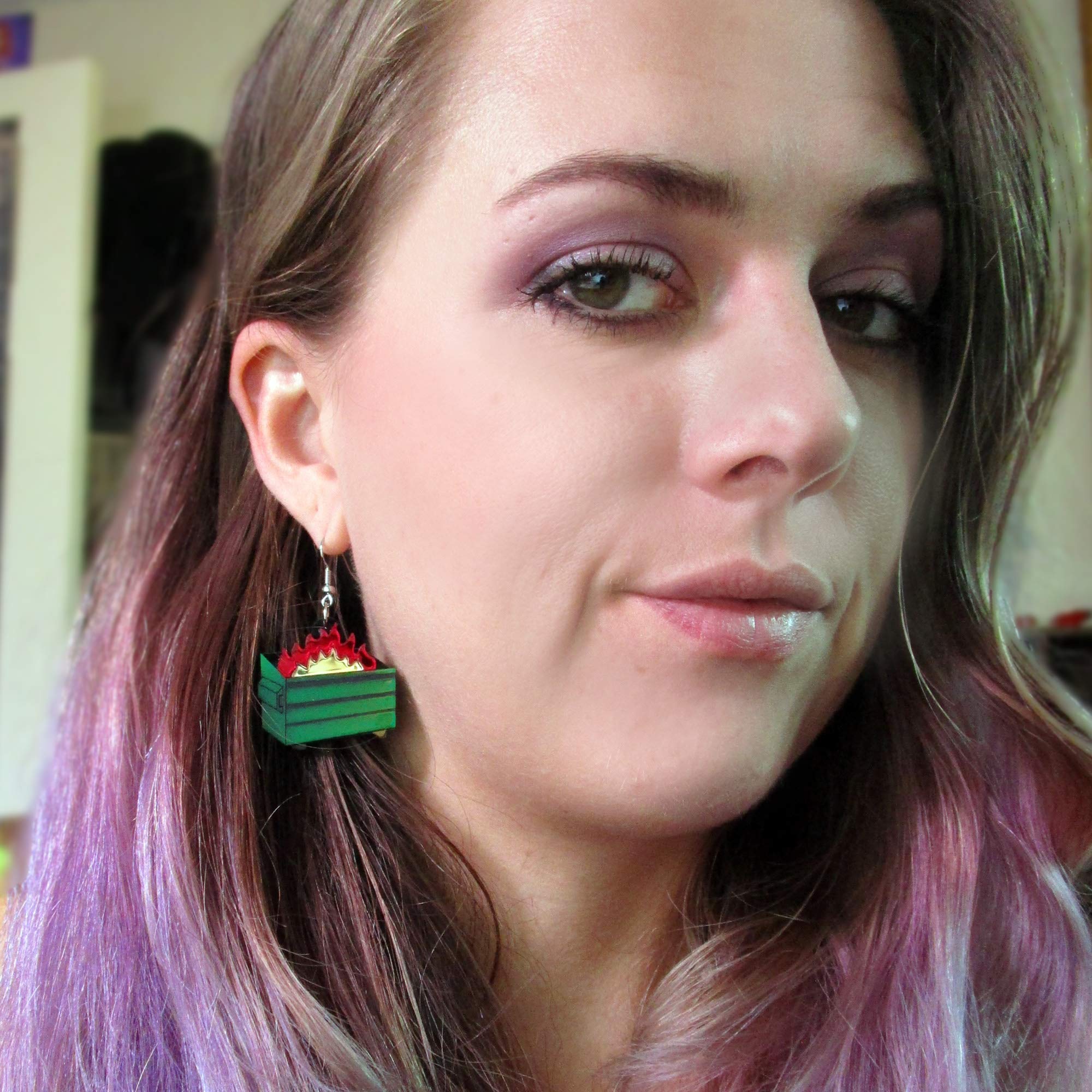Funny Green Dumpster Fire Burning Trash Garbage Dangle Earrings - Unique Novelty Jewelry for Women - Perfect for Costume Parties, Gifts & Statement Fashion