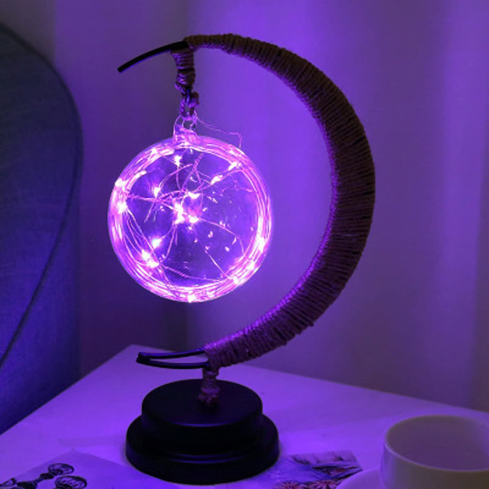 Handmade Hemp Rope Wrought Iron LED Night Light - Moon, Stars, Apple & Sepak Takraw Shapes - Purple Bedside Table Lamp for Romantic Bedroom Decor (Size B) | Perfect for Nursery, Kids Room & Cozy Home Ambiance