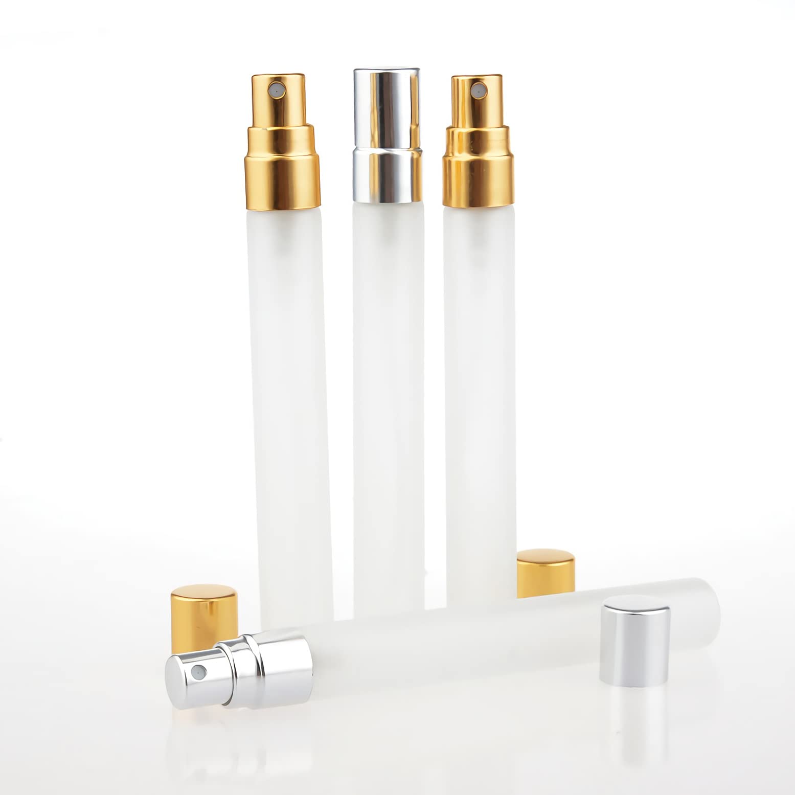 LusDoly 24-Pack 10ml Frosted Glass Perfume Atomizer Bottles with Gold Sprayer - Refillable Travel-Size Fine Mist Spray Bottles for Fragrance Samples, Essential Oils & Cosmetics | Perfect for Travel, Purse & Gym Bag