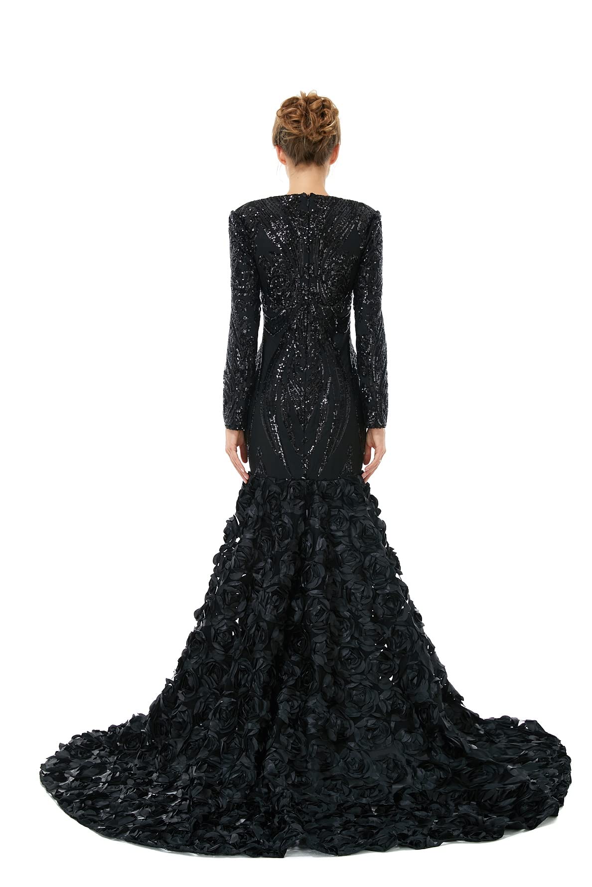 Elegant Women's Sequined Long Sleeve V-Neck Mermaid Evening Dress for Prom, Party, Pageant & Celebrity Events - Rose Floral Gown for Special Occasions