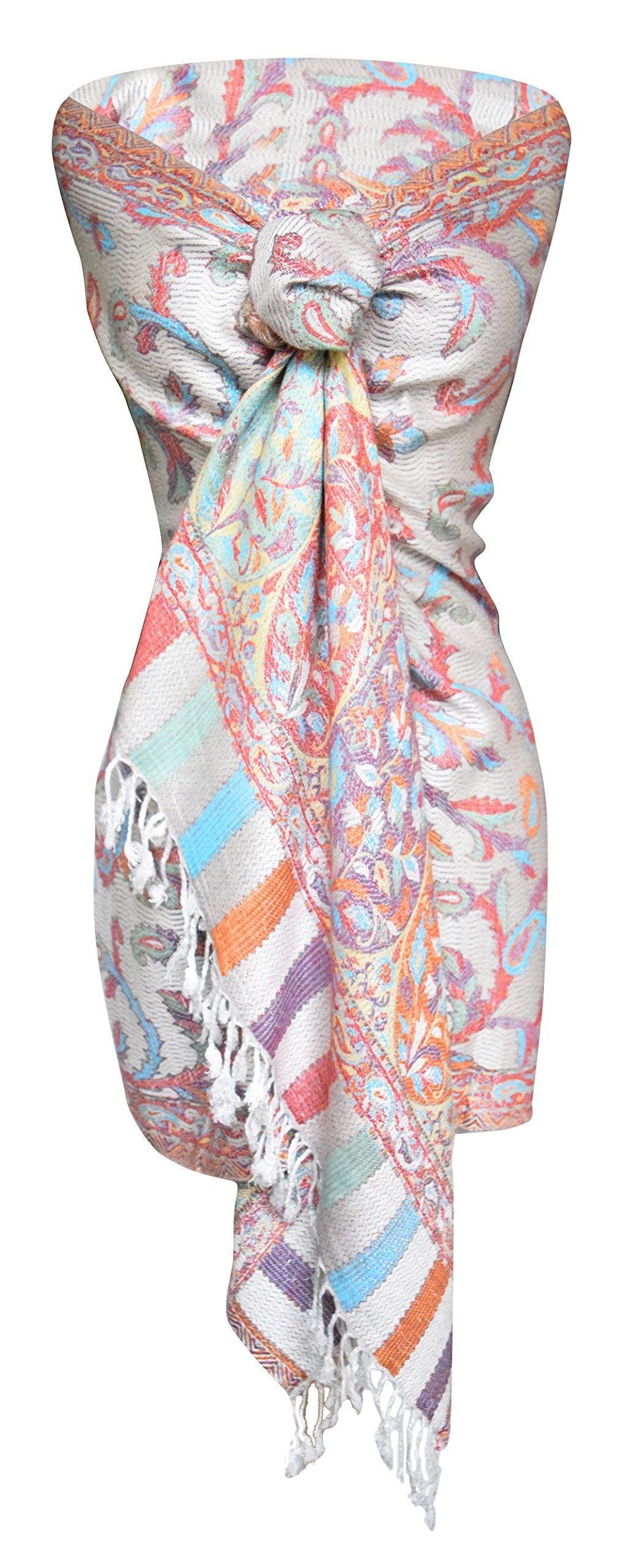 Vibrant Multicolored Rainbow Pastel Paisley Floral Fringe Pashmina Wrap Shawl - Soft Lavender & White Scarf for Women - Perfect for Weddings, Parties & Boho Fashion