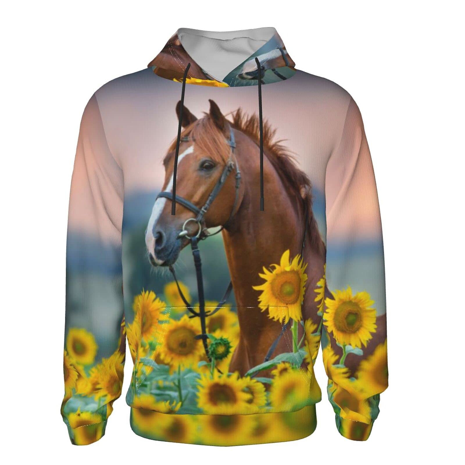 Boys & Girls Hooded Sweatshirt with Pocket - Horse & Sunflower Print - Cozy Teen Pullover for School, Outdoor Play & Casual Wear