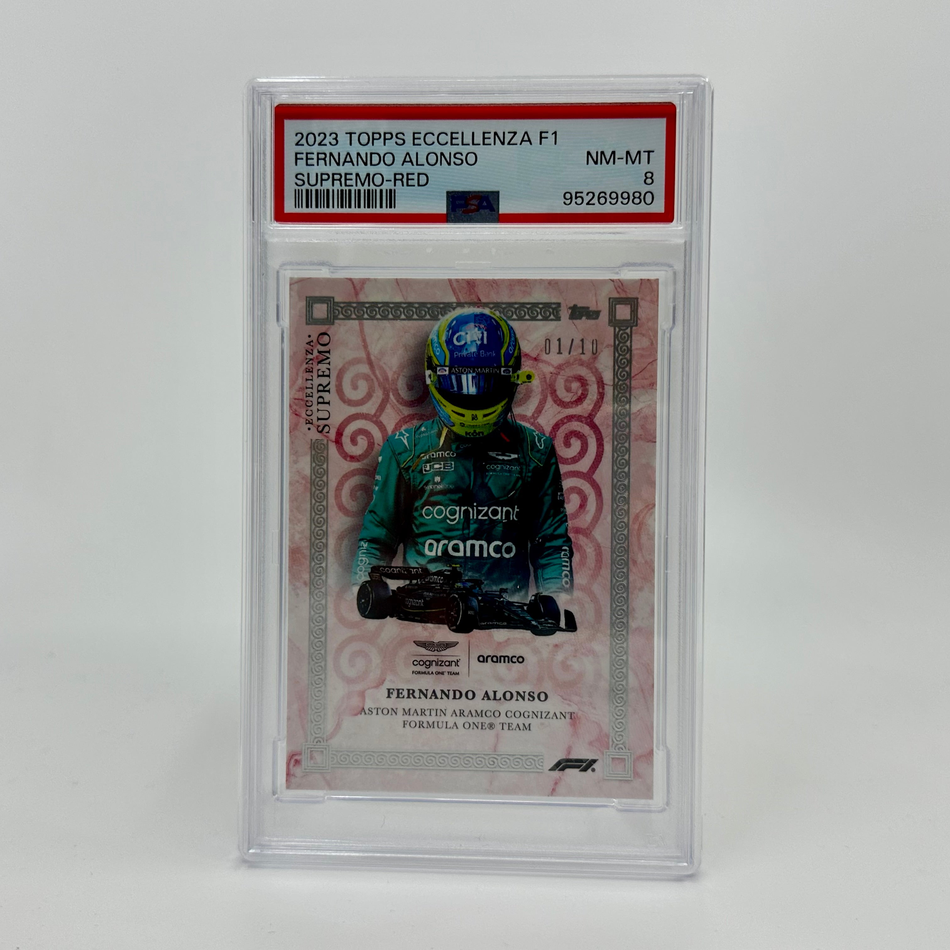 PSA 8 Graded 2023 Topps Eccellenza Supremo Fernando Alonso Red 01/10 - Rare Racing Collectible for Display & Investment