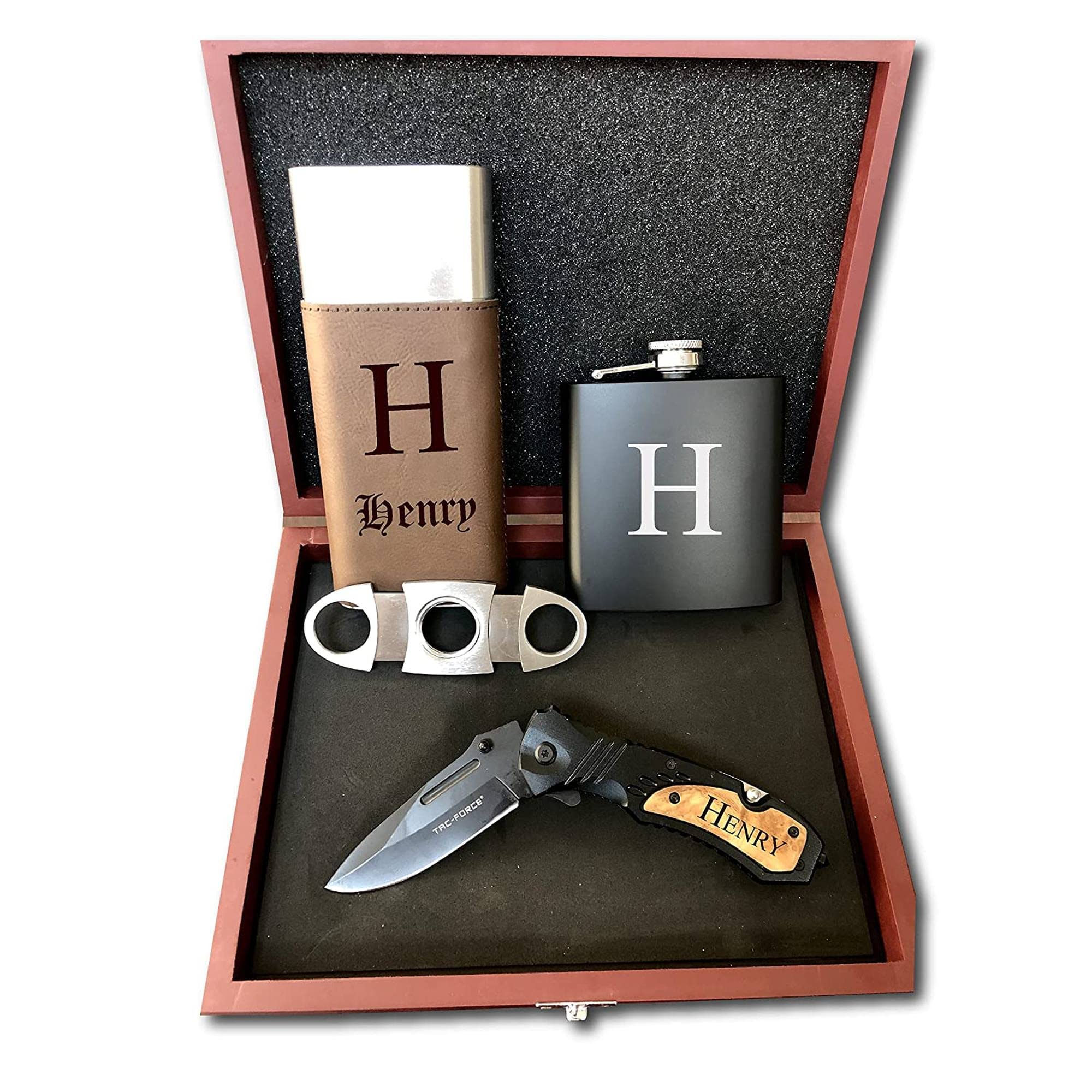 Premium Personalized Groomsmen Gift Set - Engraved Wooden Box, Custom Pocket Knife, Monogrammed Flask & Leather Case - Ideal for Best Man, Father, Husband - Perfect for Weddings, Anniversaries & Special Occasions