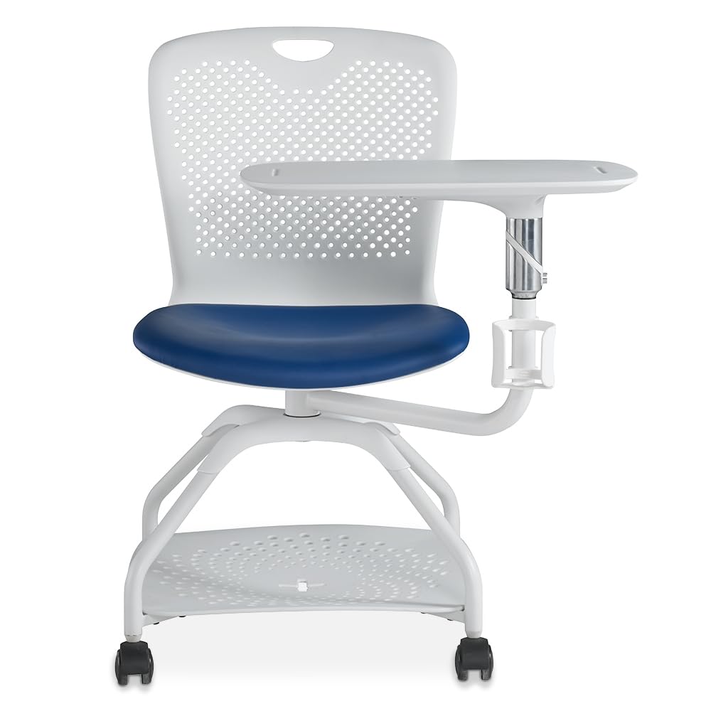 NBF Signature Series Armless Swivel Tablet Chair - White Plastic Back & Ocean Polyurethane Seat - Durable Mobile Office Chair with Adjustable Tablet Arm & Heavy-Duty Steel Frame - Perfect for Classrooms, Home Offices & Study Areas