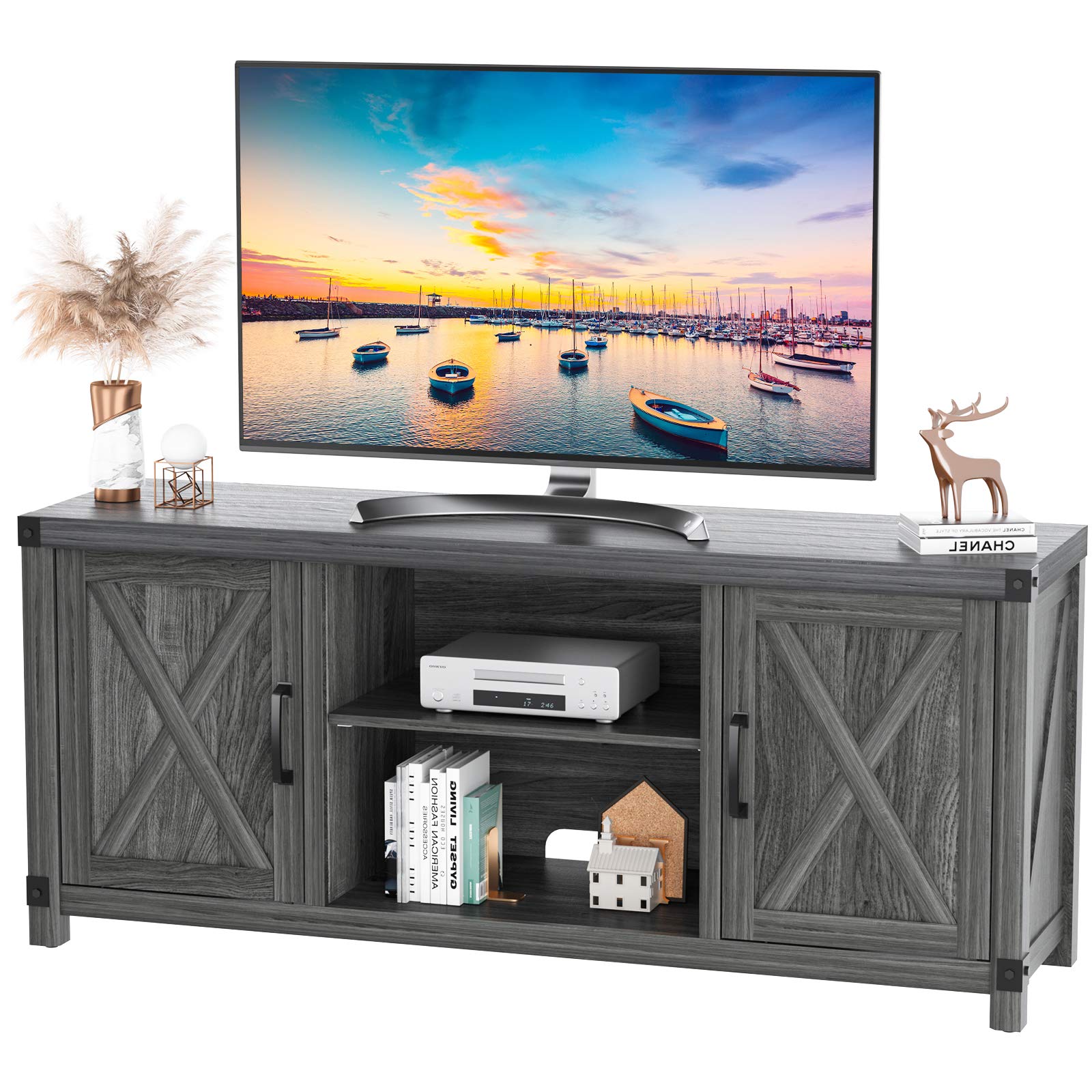 65 Inch AM Alphamount Farmhouse TV Stand Console Cabinet with Media Shelves & Barn Doors - Entertainment Center for Soundbar, Gaming Consoles & Living Room Storage - Perfect for Living Room, Home Theater & Family Gatherings (Model: APRTS02D)