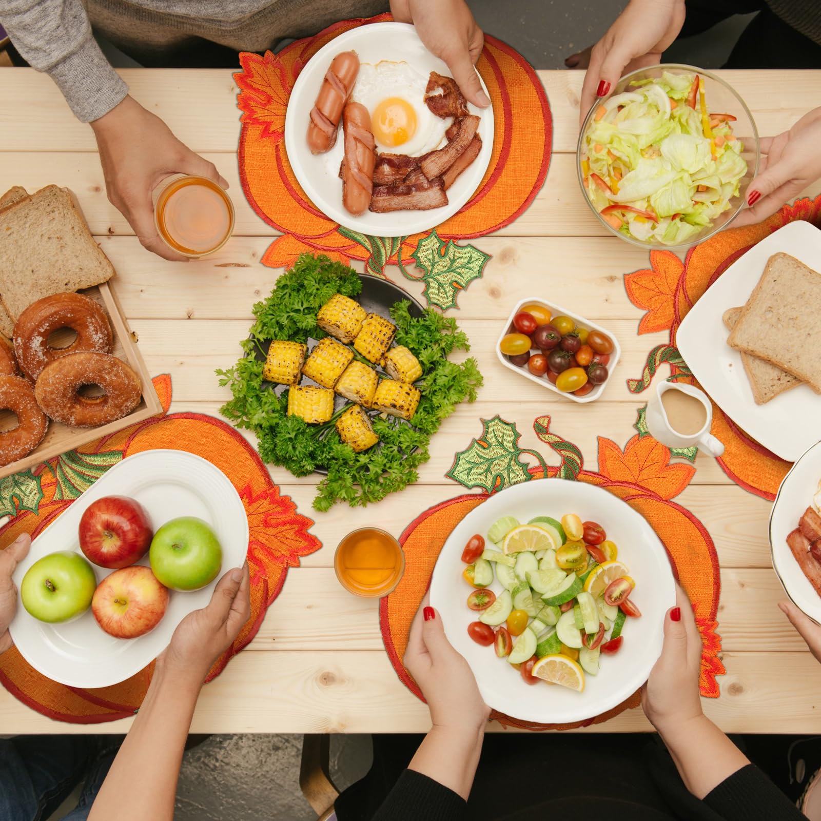 6 Pack Fall Pumpkin Placemats - 14'' Round Embroidered Thanksgiving Table Mats in Harvest Orange for Autumn Decor | Perfect for Holiday Parties, Kitchen & Dining Table Decorations