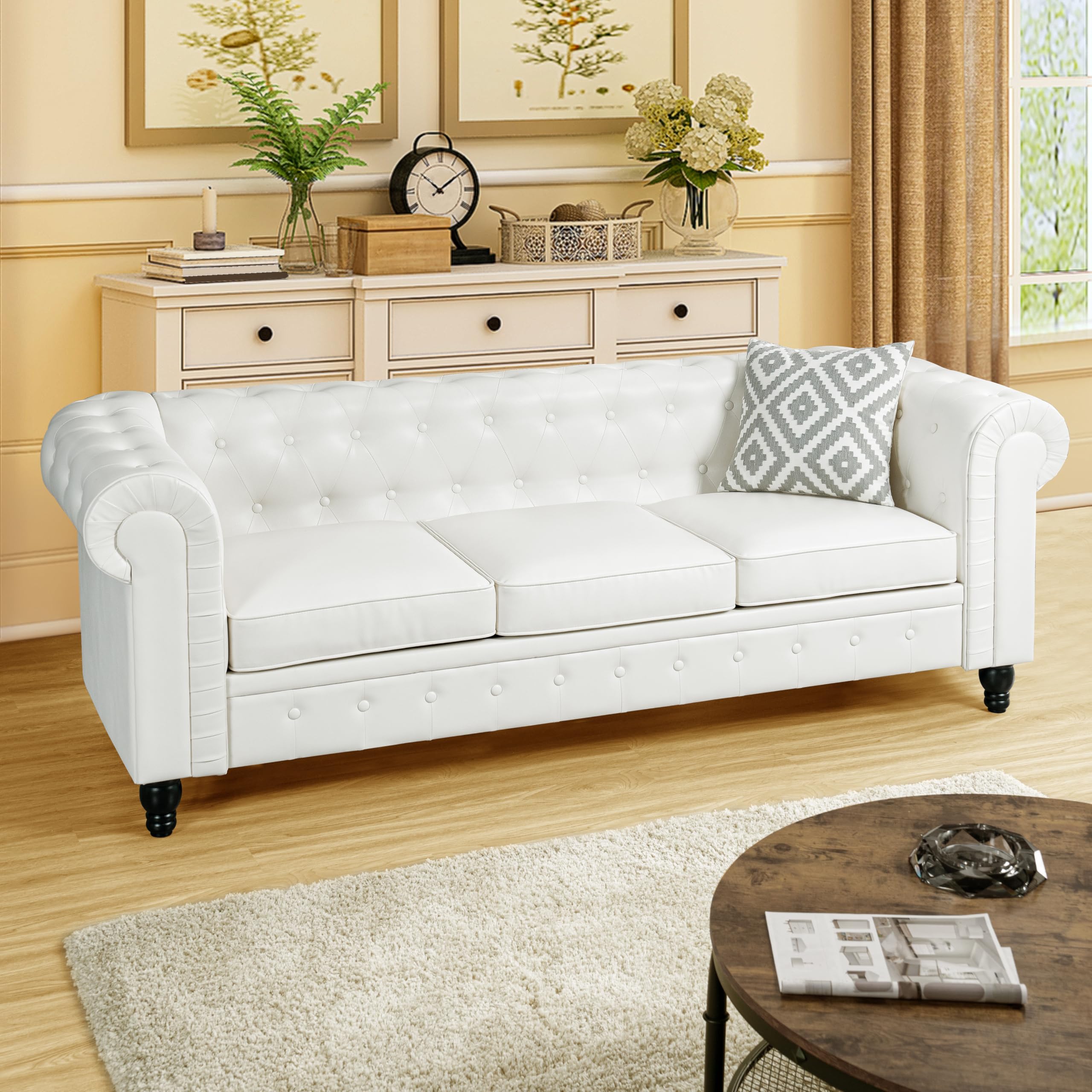 Naomi Home Chesterfield Sofa Set - Modern Tufted Leather Accent Chair for Living Room & Bedroom | White Leather Sofa | Elegant Chesterfield Design for Home & Office Decor